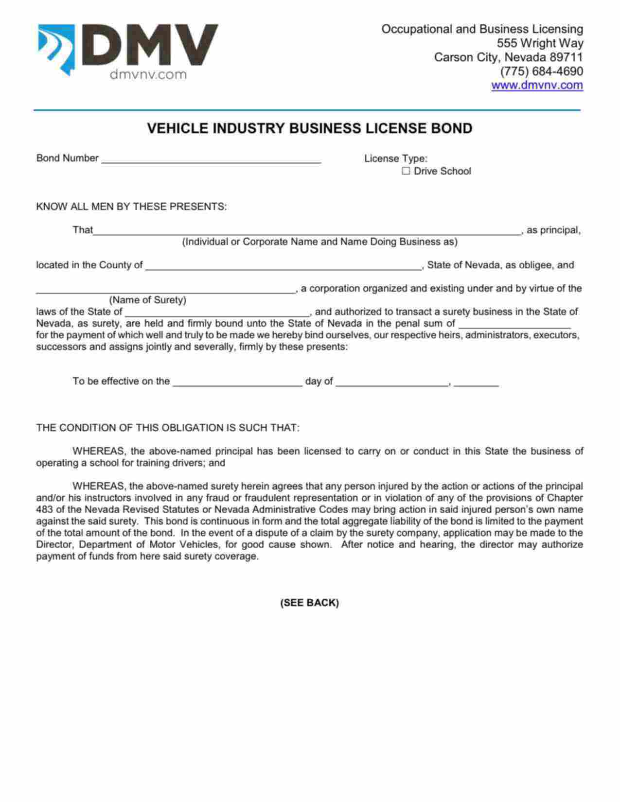 Nevada Drive School Bond Form