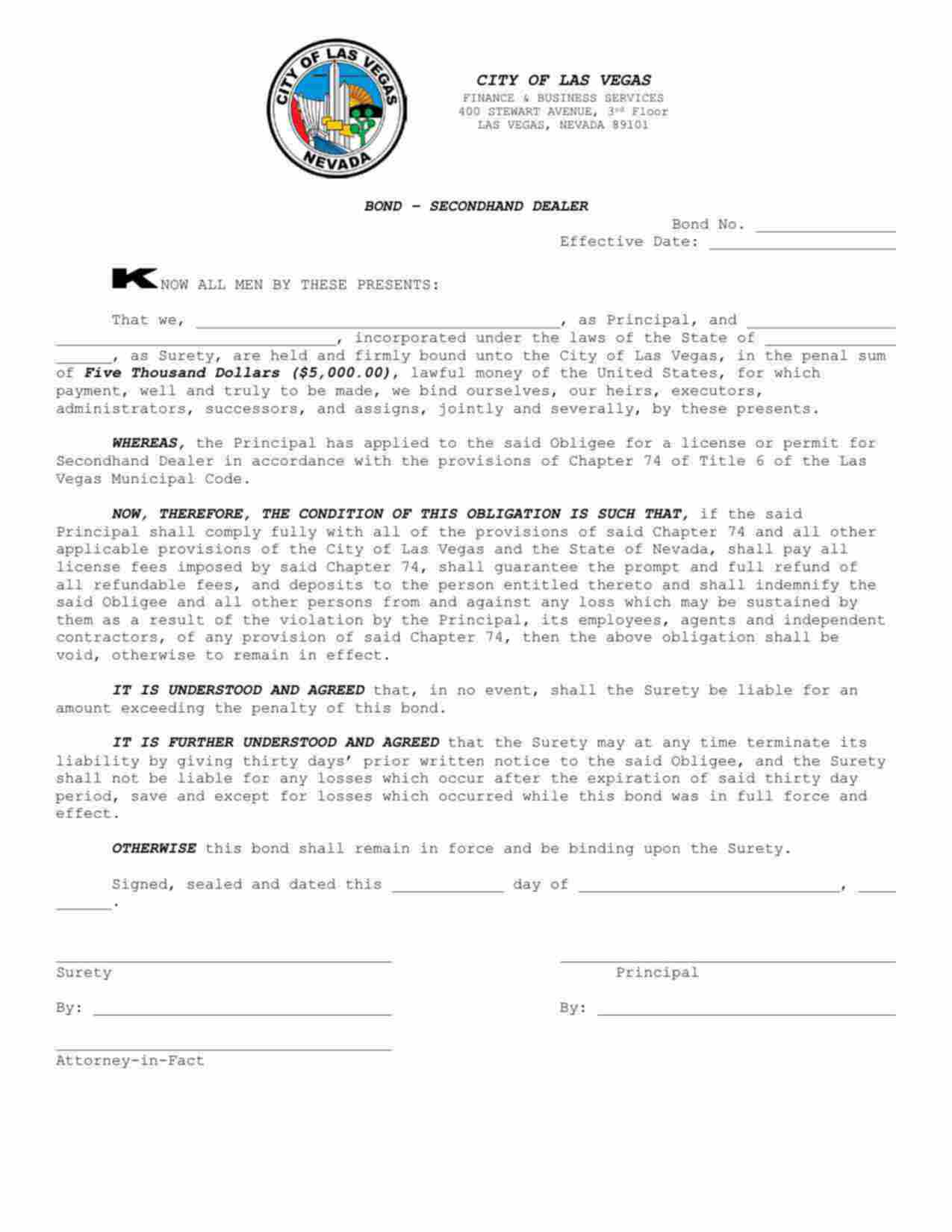 Nevada Secondhand Dealer Bond Form