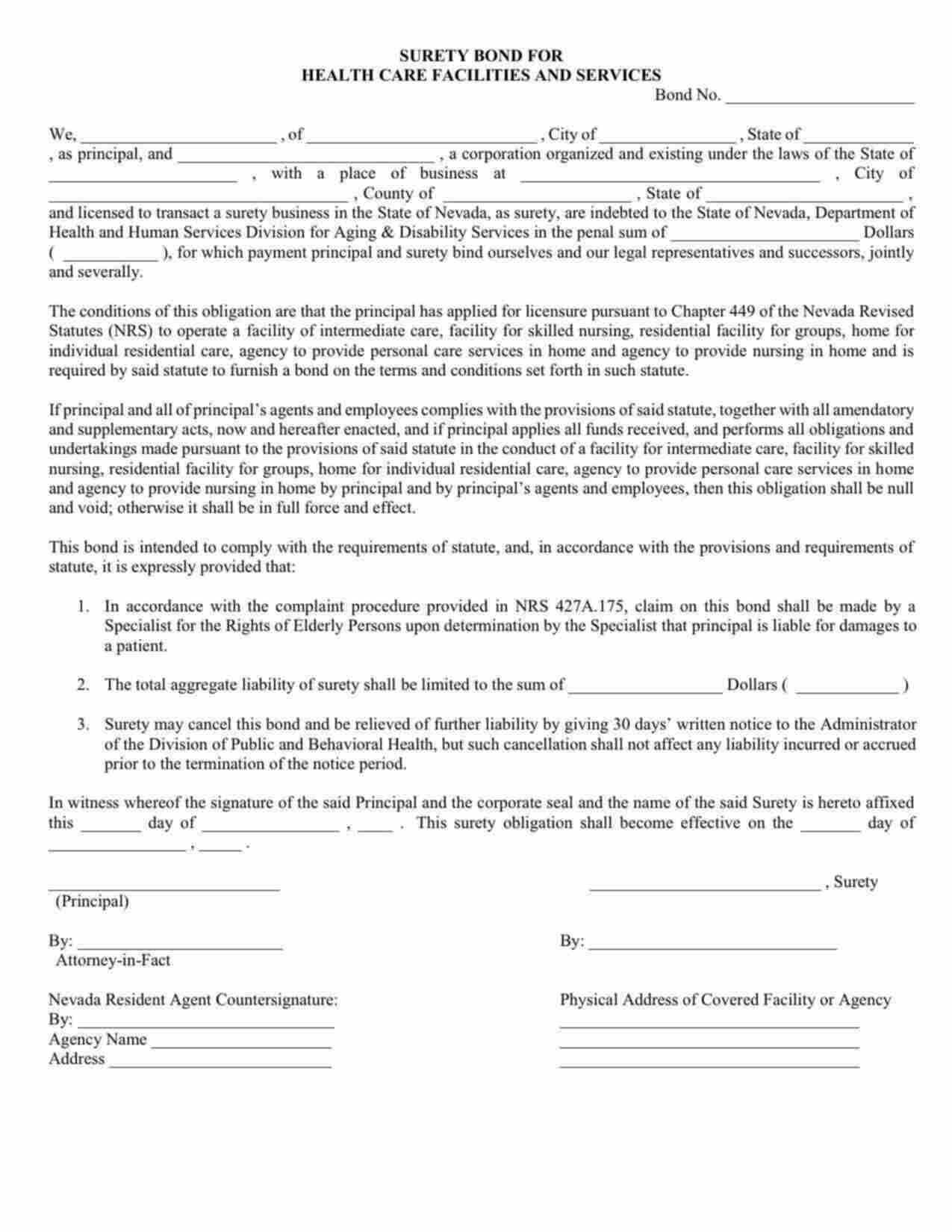 Nevada Health Care Facilities and Services Bond Form