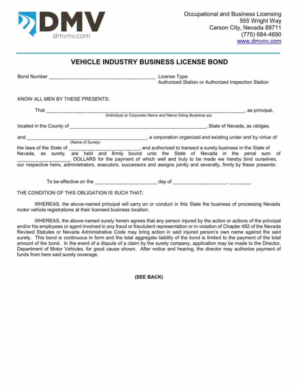 Nevada Authorized Station or Authorized Inspection Station Bond Form