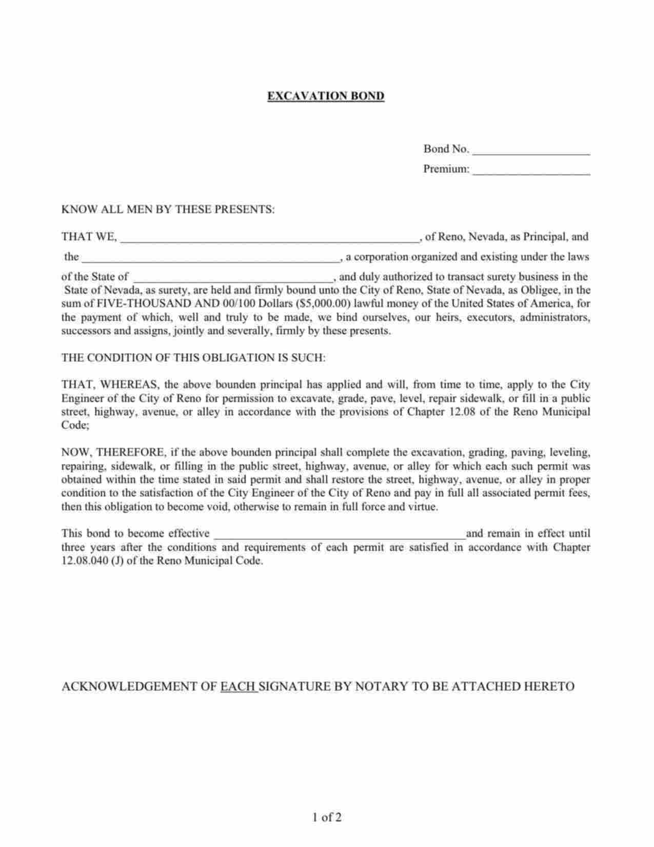 Nevada Excavation Bond Form