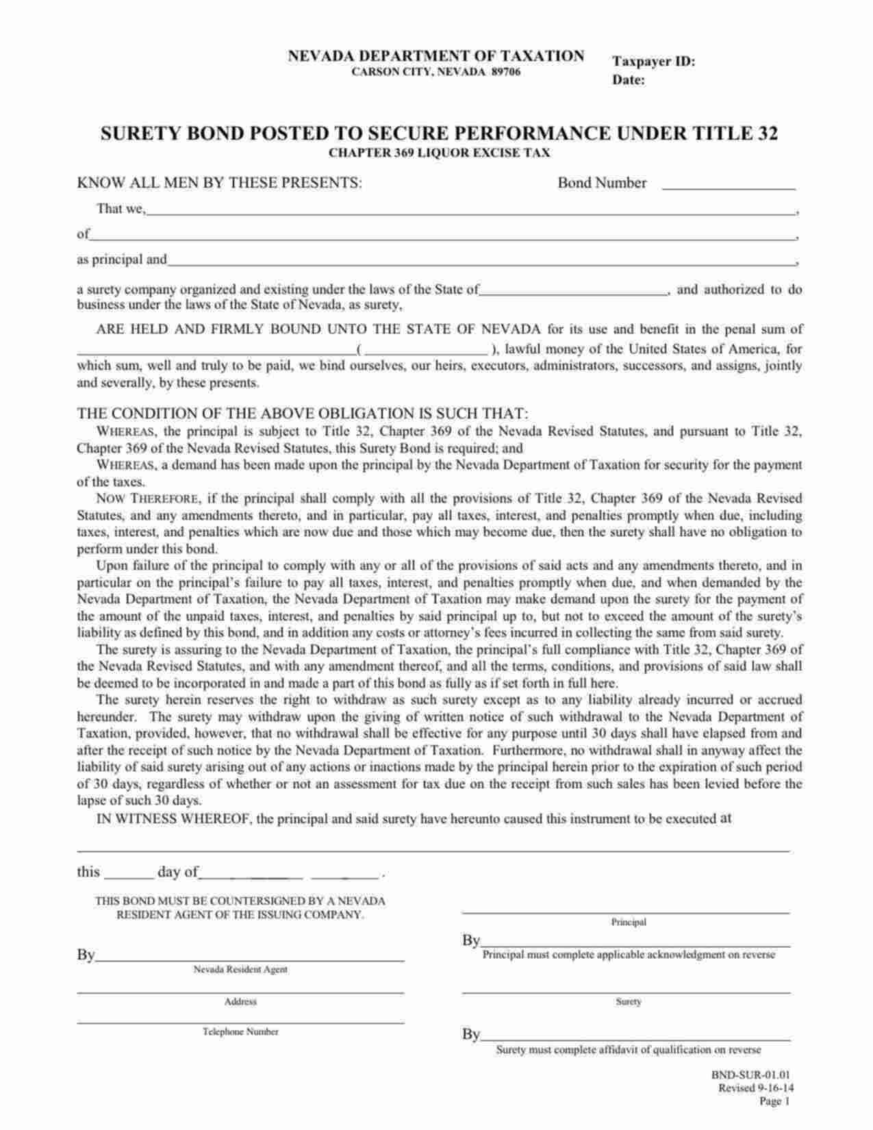 Nevada Liquor Excise Tax Performance Under Title 32 Bond Form