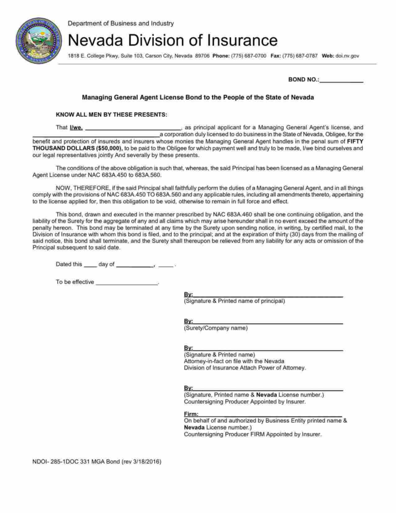 Nevada Managing General Agent License Bond Form