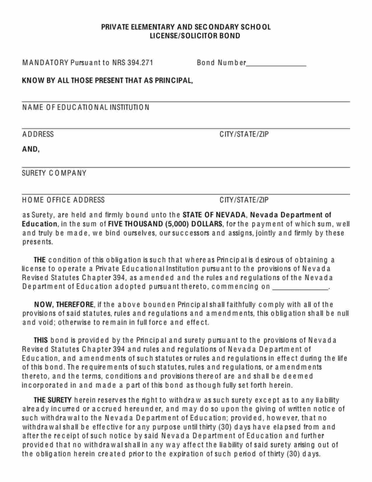 Nevada Private Elementary and Secondary School License/Solicitor Bond Form