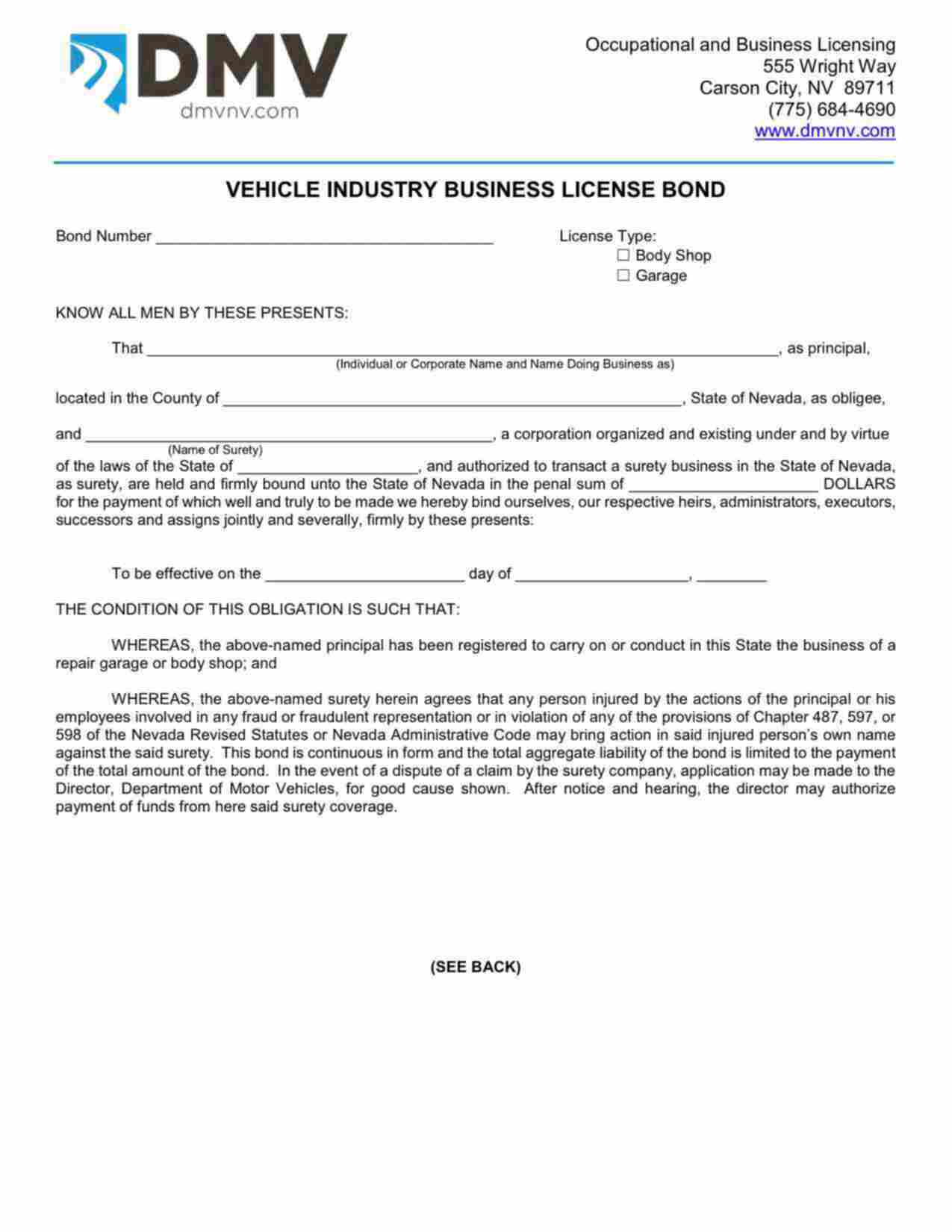 Nevada Motor Vehicle Garage Bond Form
