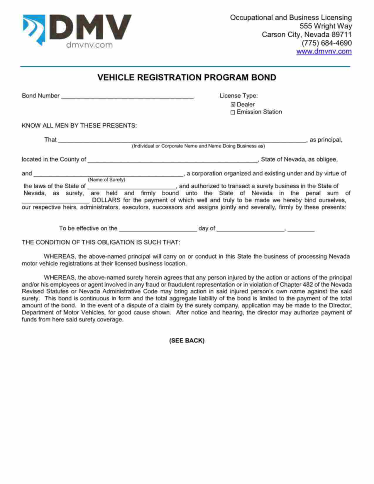 Nevada Vehicle Registration Program Dealer Bond Form