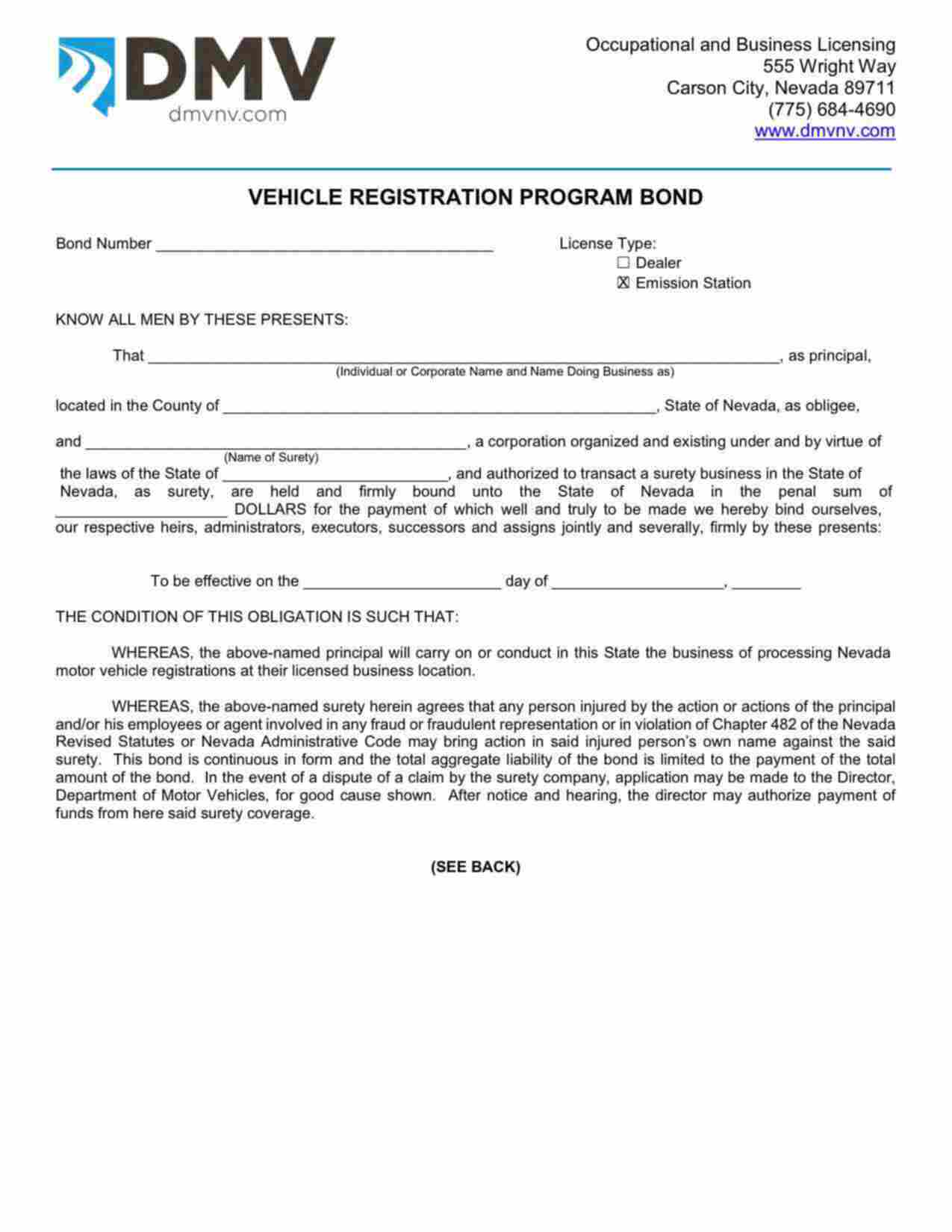 Nevada Vehicle Registration Program Emission Station Bond Form