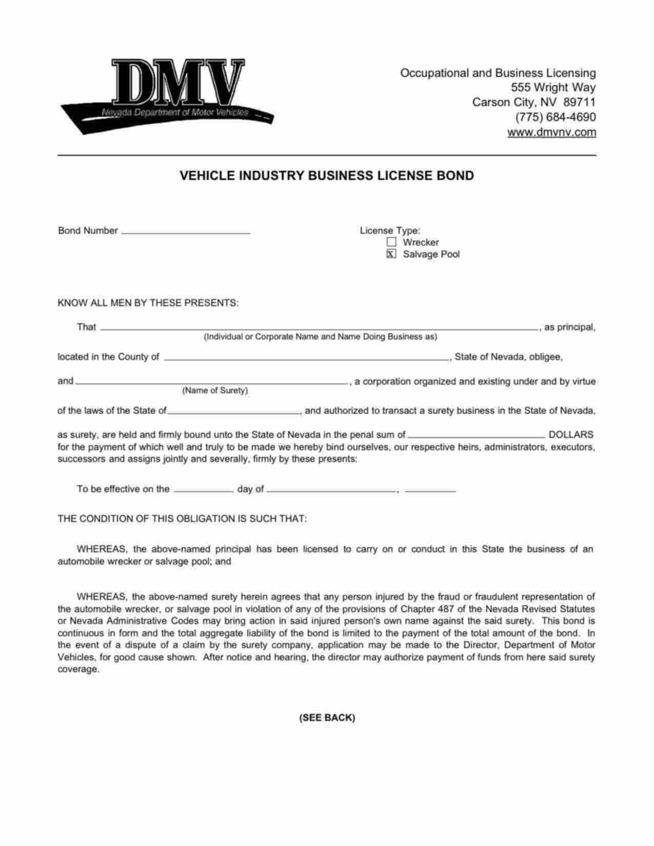 Nevada Salvage Pool Bond Form