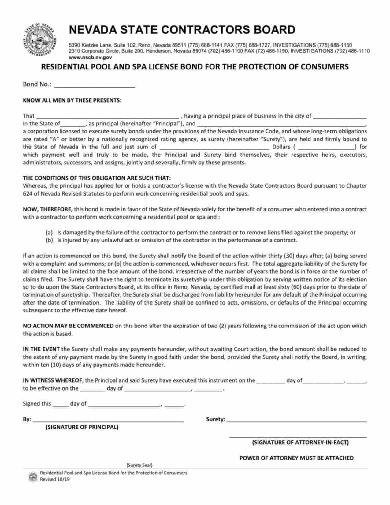 Nevada Residential Pool and Spa License Bond Form
