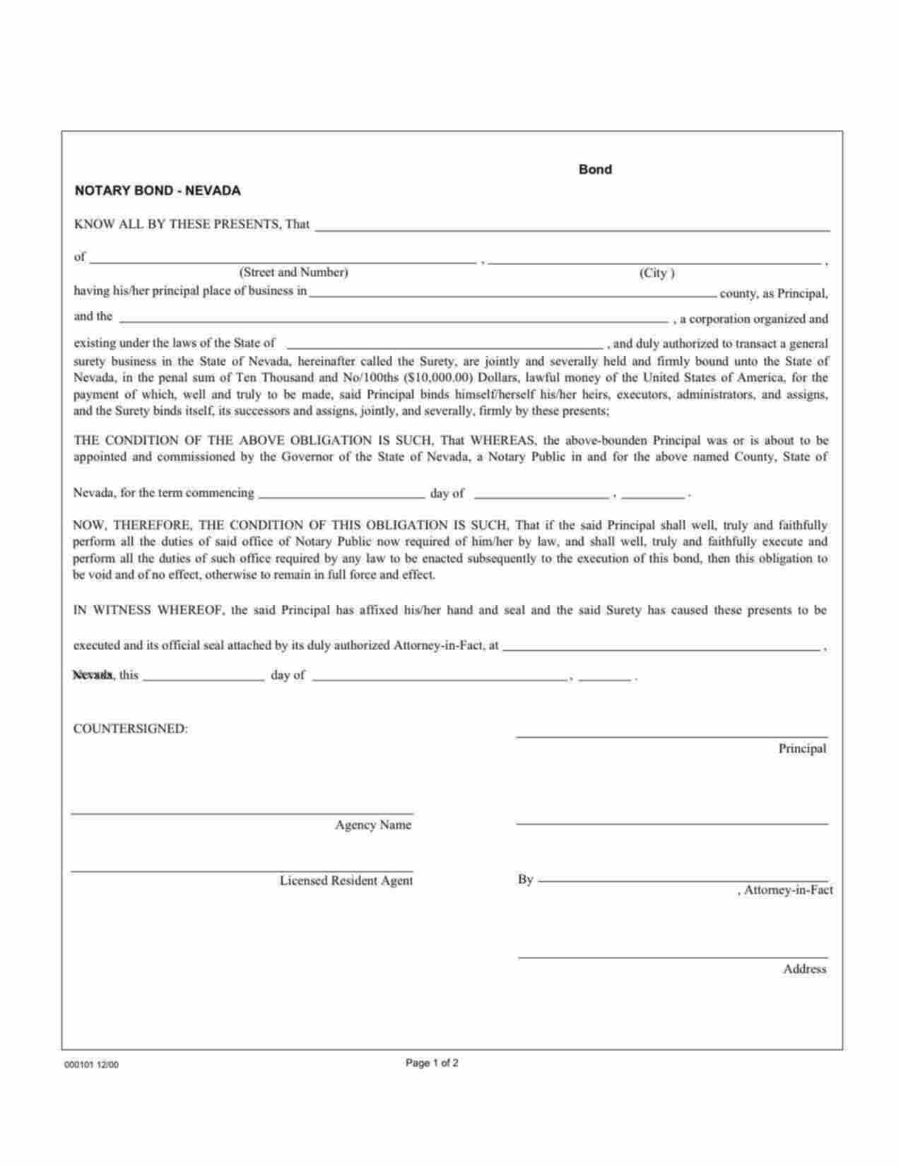 Nevada Notary Public Bond Form