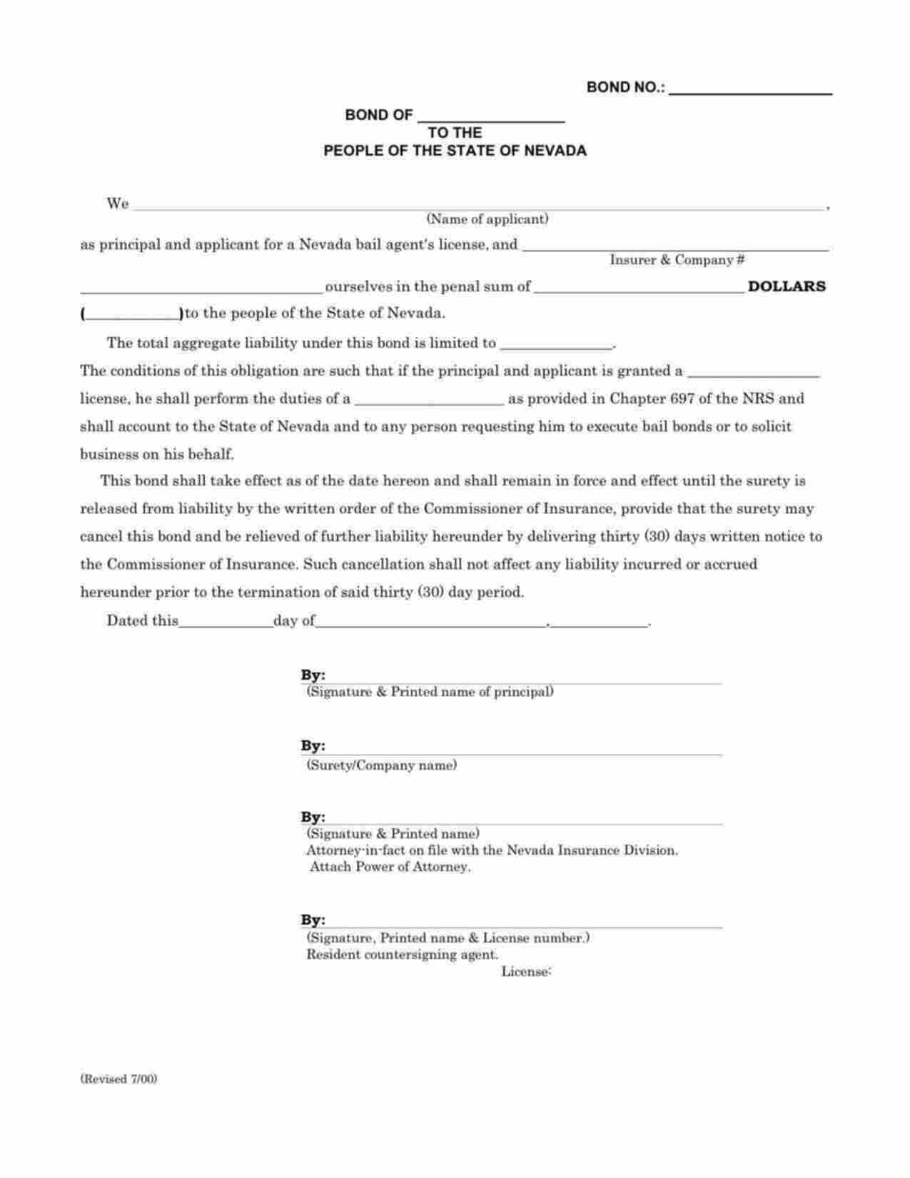 Nevada General Agent for Bail Bond Form