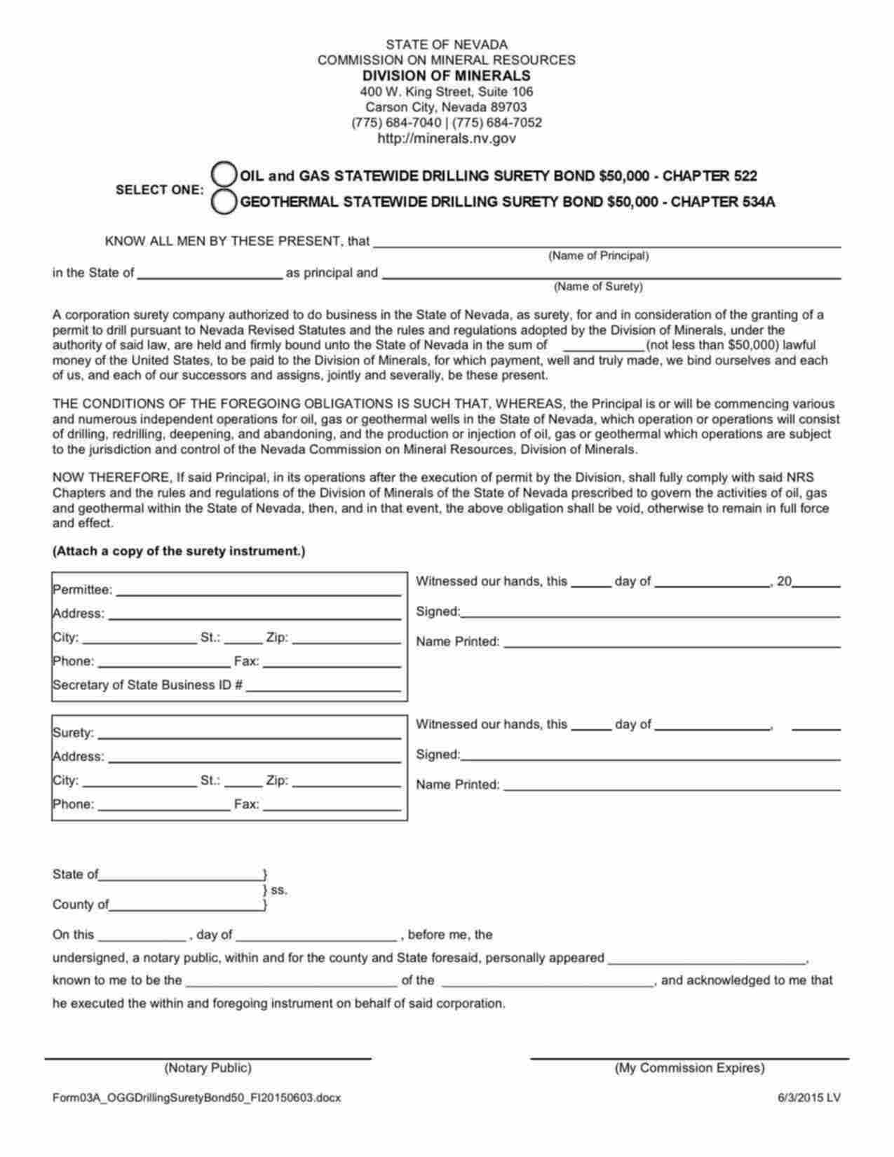 Nevada Geothermal Statewide Drilling Bond Form