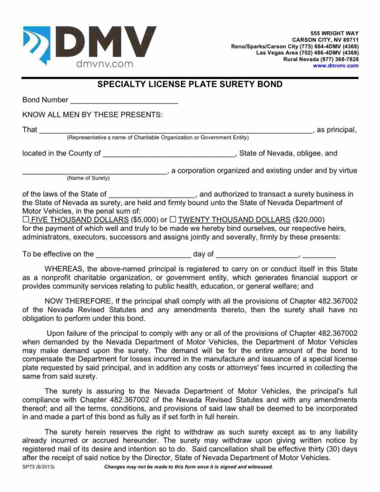 Nevada Specialty License Plate Bond Form