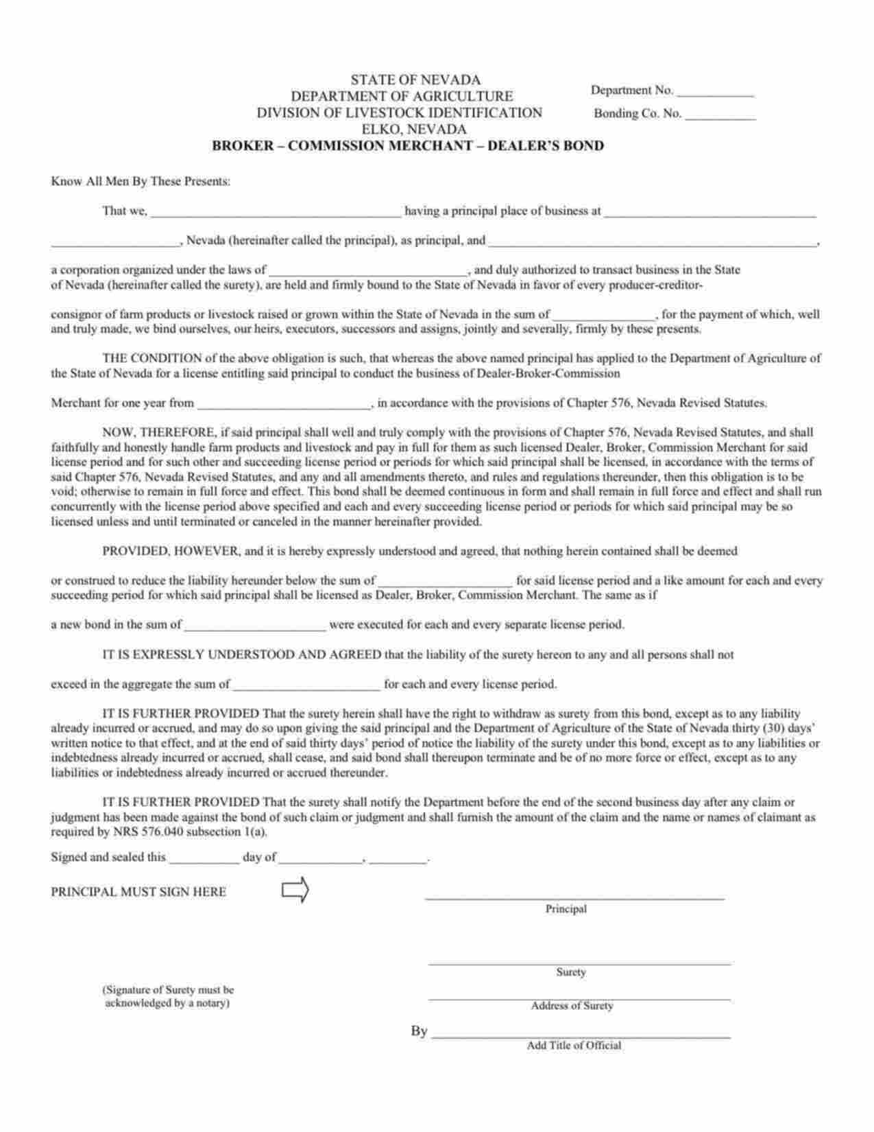 Nevada Dealer, Broker, Commission Merchant Bond Form