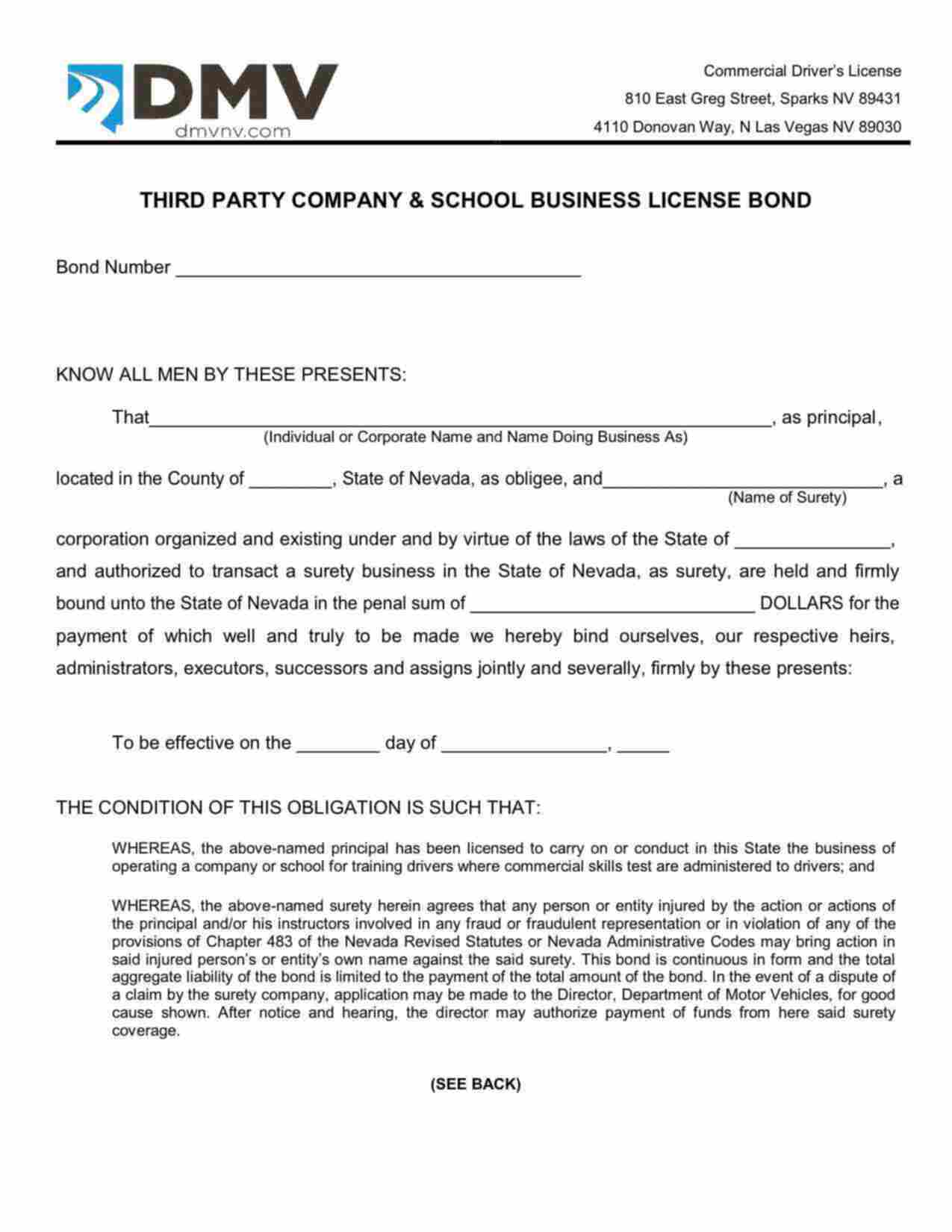 Nevada Commercial Drivers License (CDL) Third Party Company & School Business License Bond Form