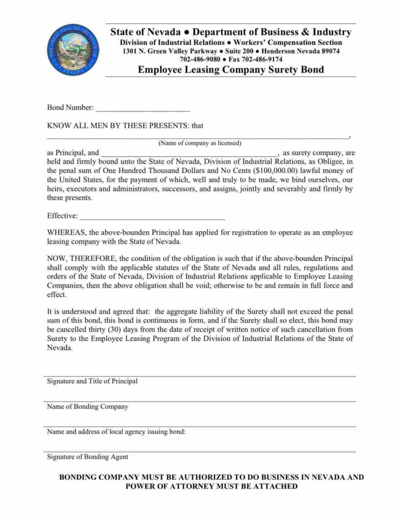 Nevada Employee Leasing Company Bond Form