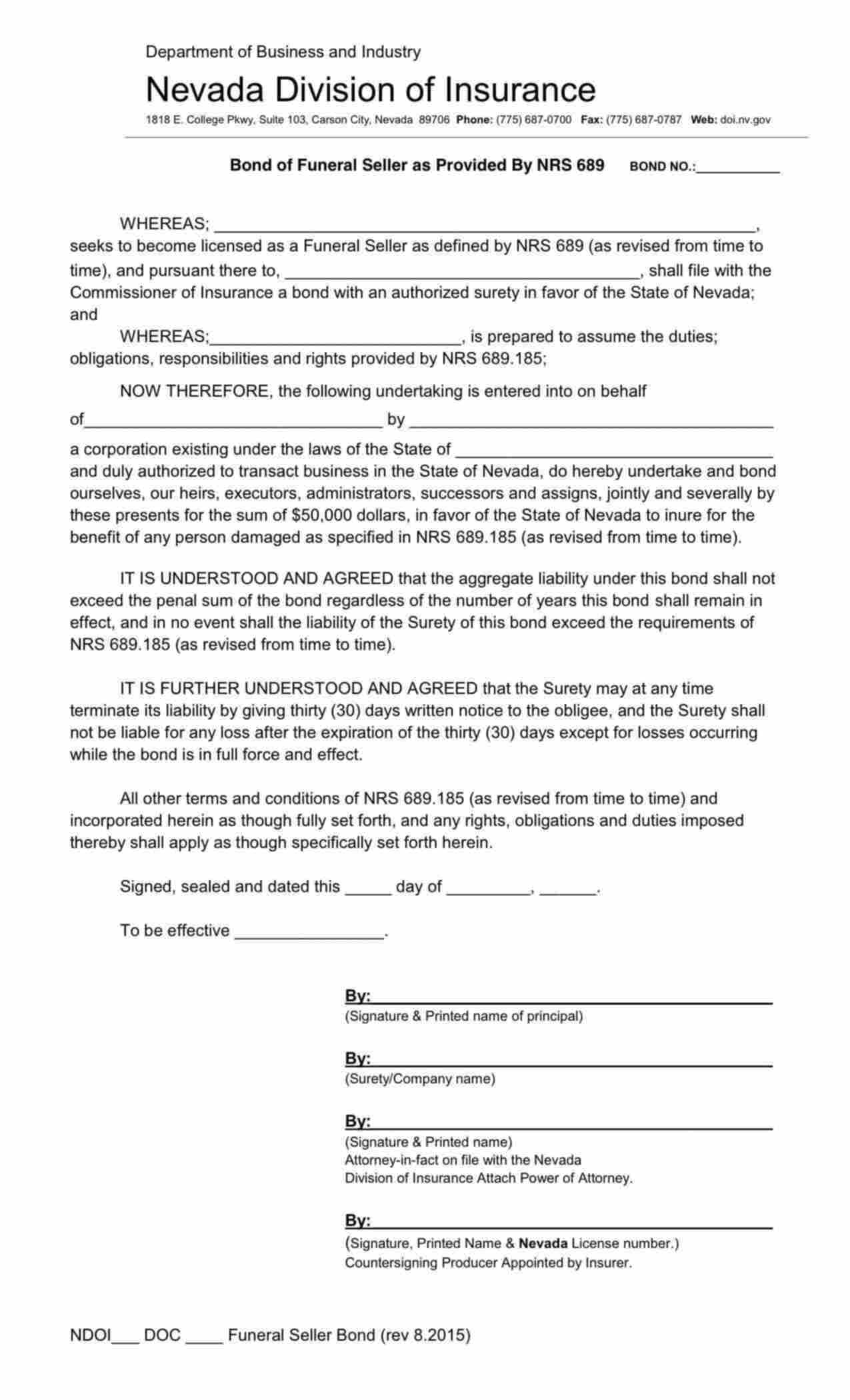 Nevada Funeral Seller Bond Form