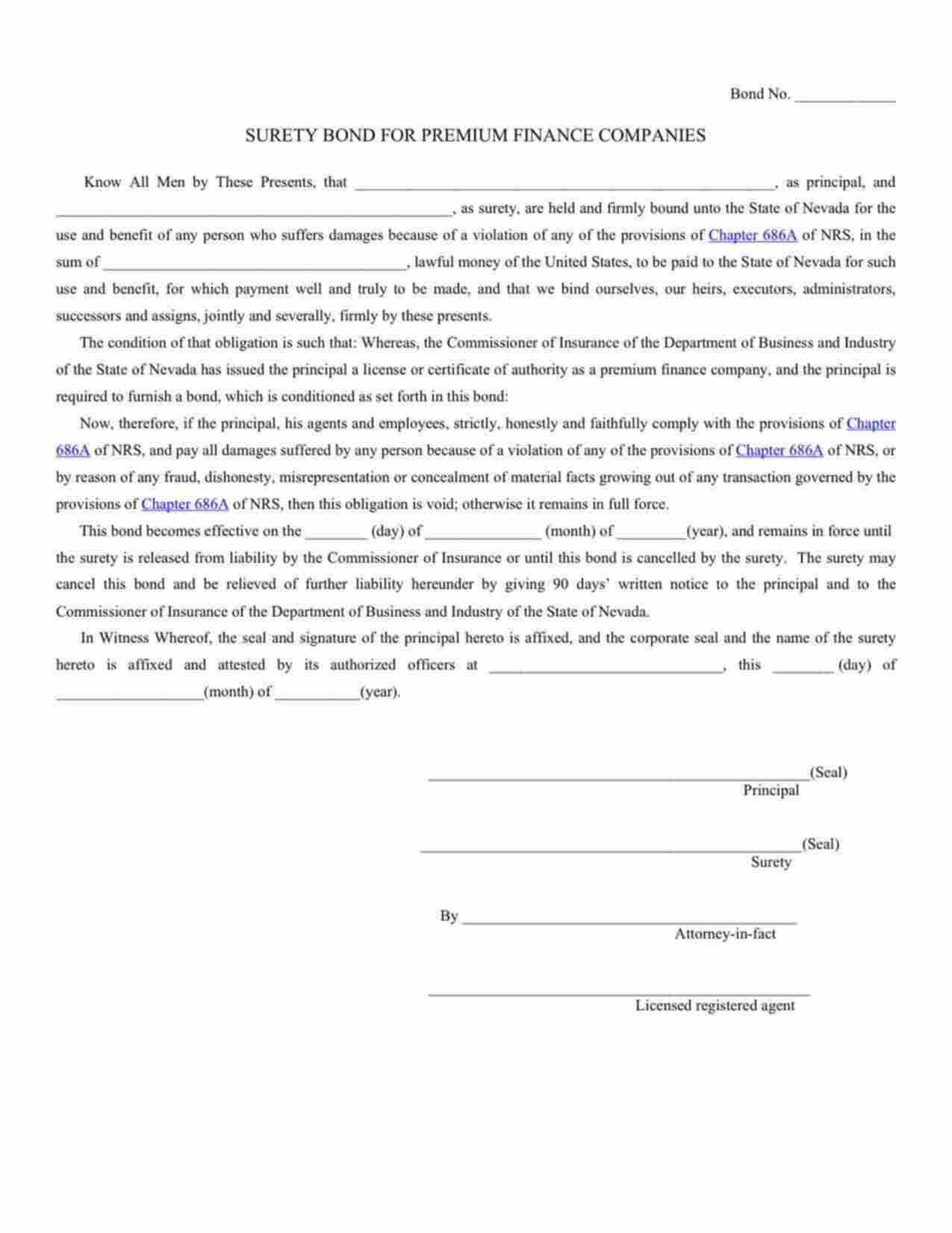 Nevada Premium Finance Company Bond Form