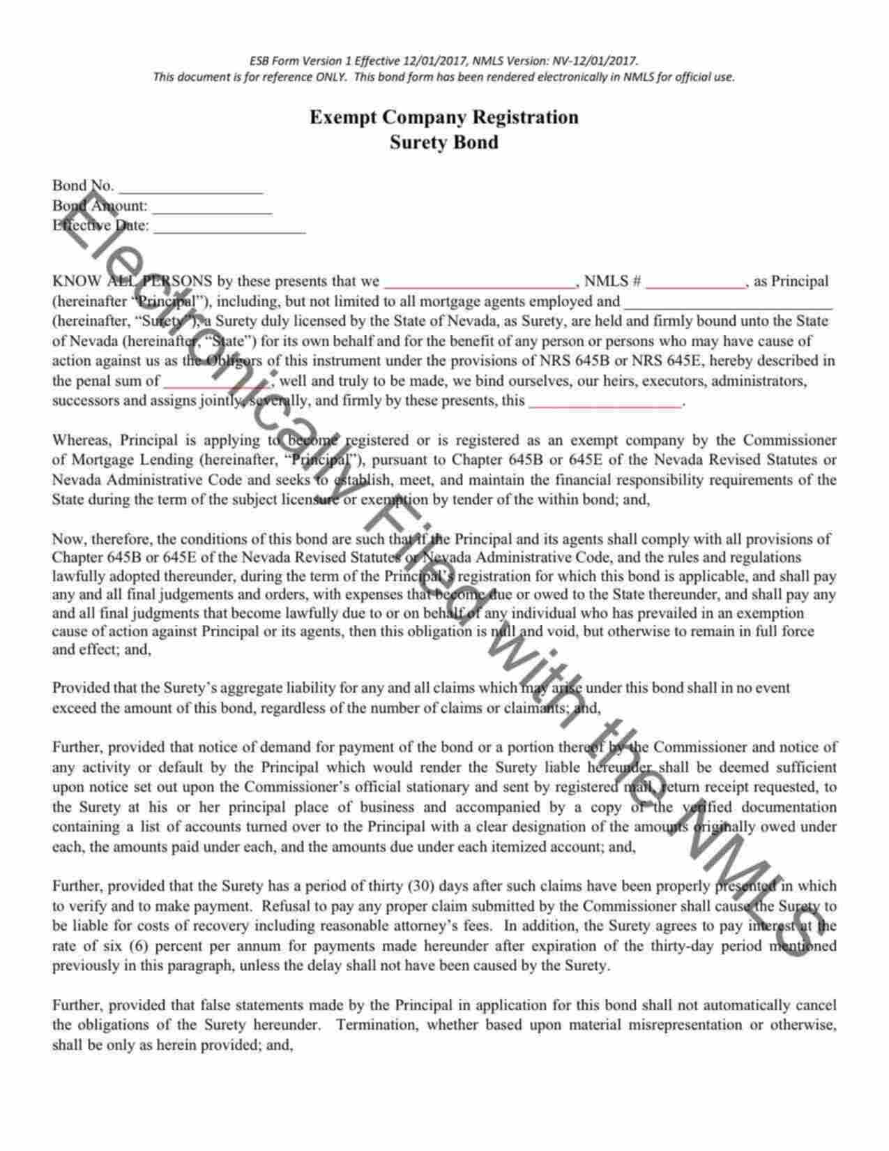 Nevada Exempt Company Registration Bond Form