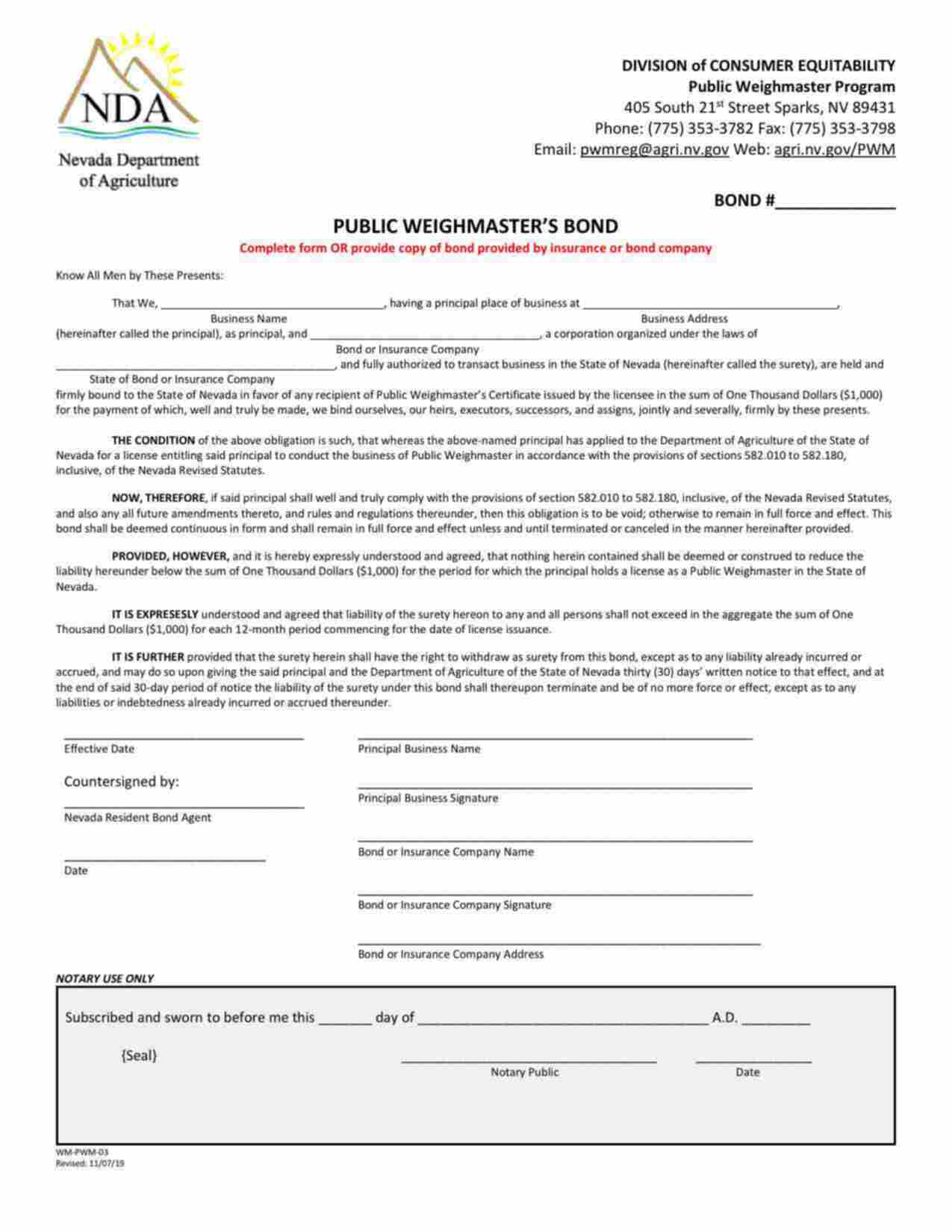 Nevada Public Weighmaster Bond Form