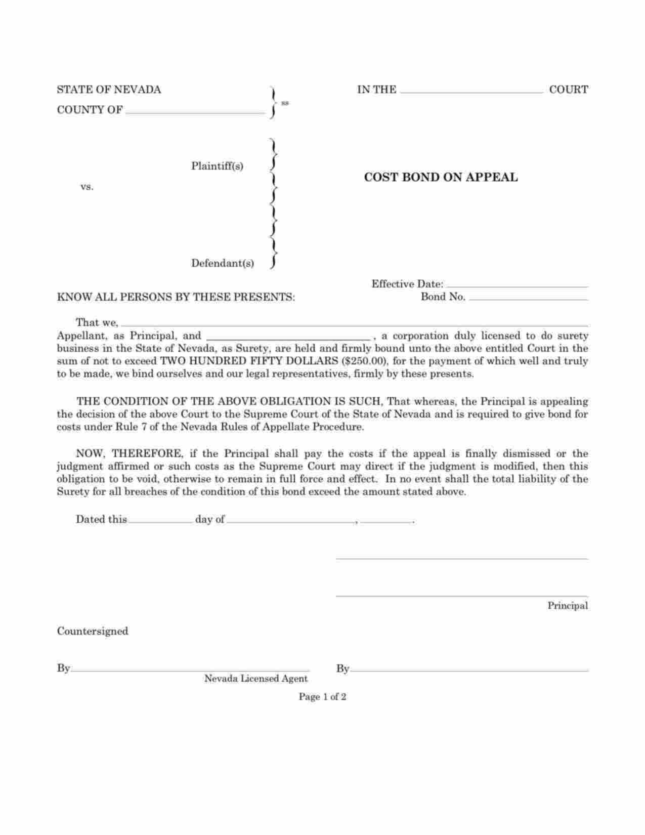 Nevada Cost on Appeal Bond Form