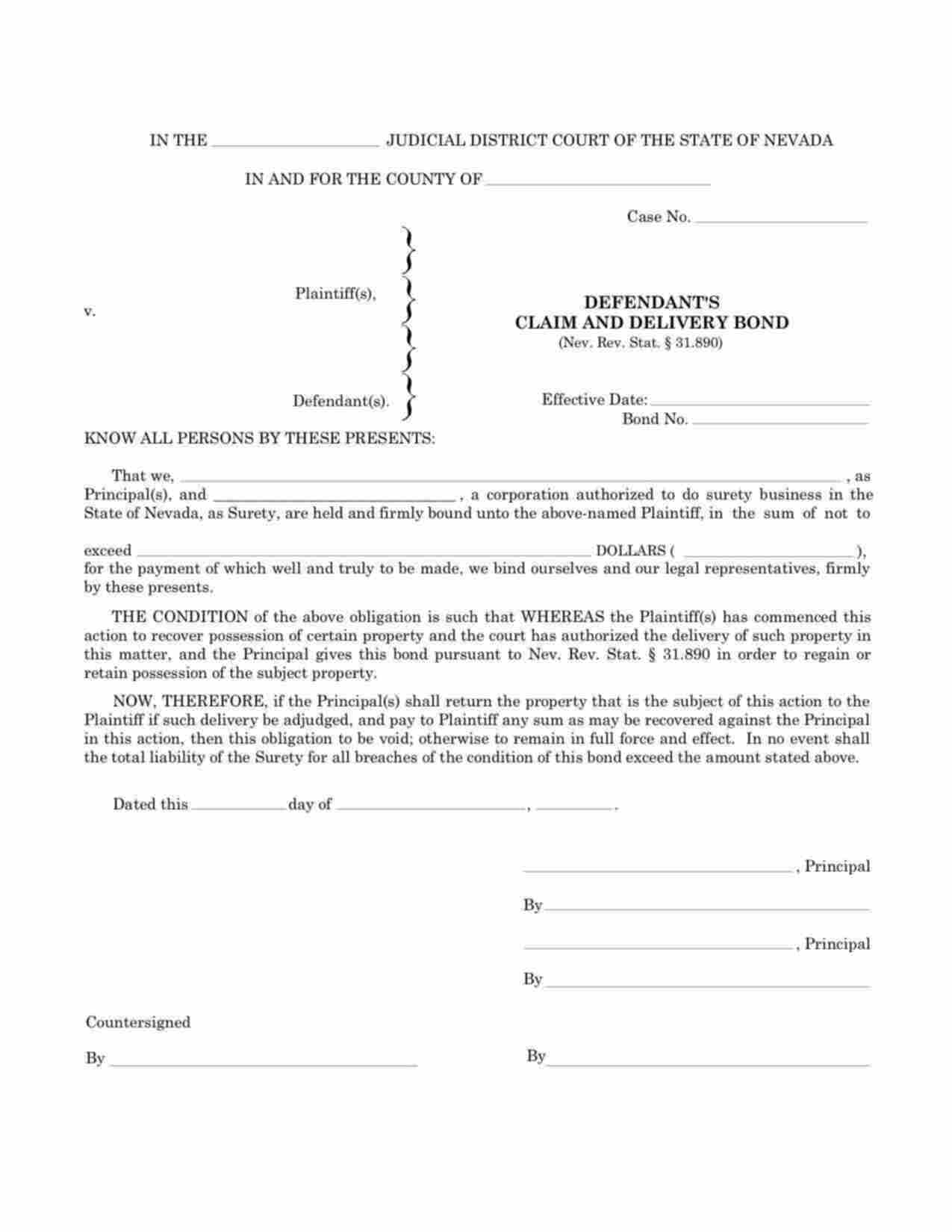 Nevada Defendants Claim and Delivery Bond Form