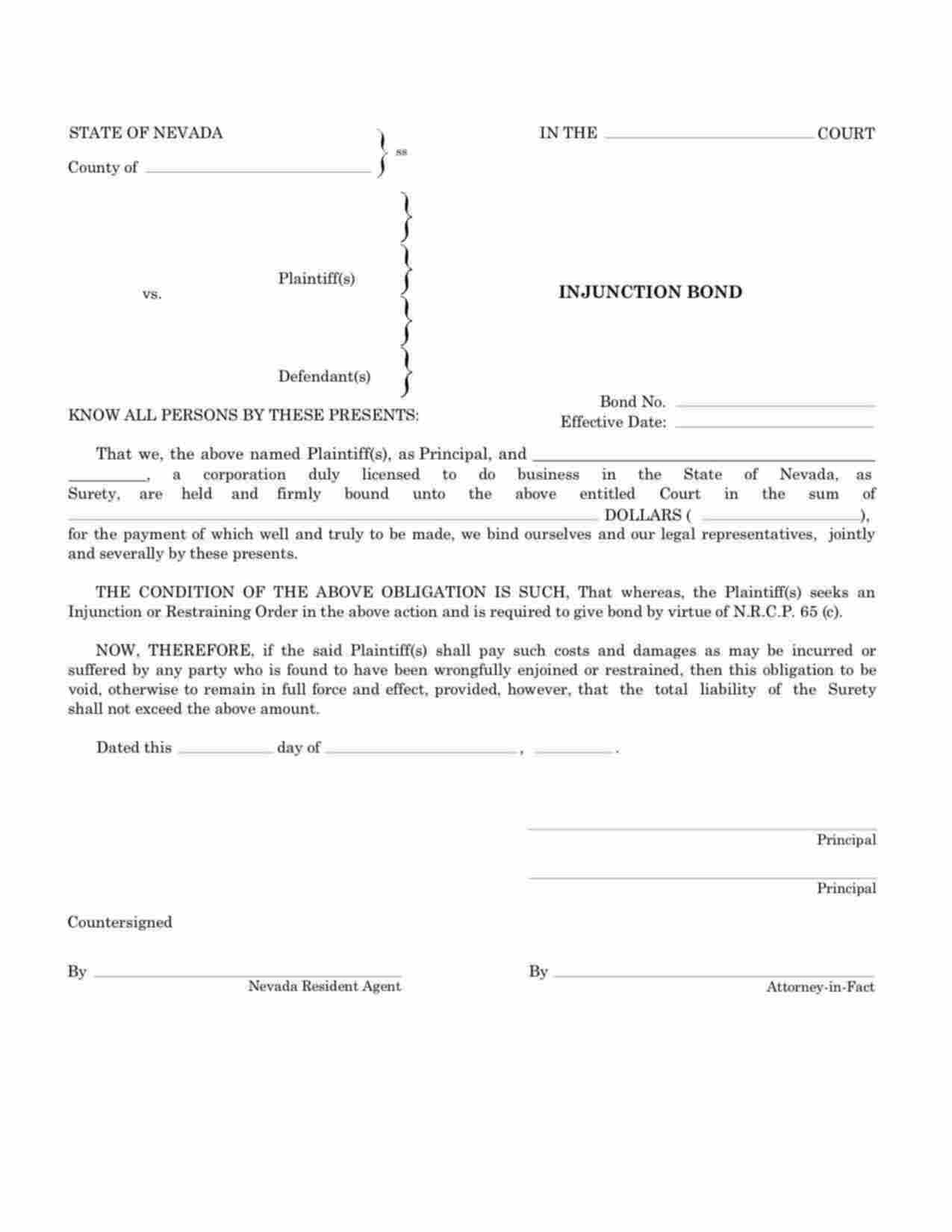 Nevada Injunction Bond Form
