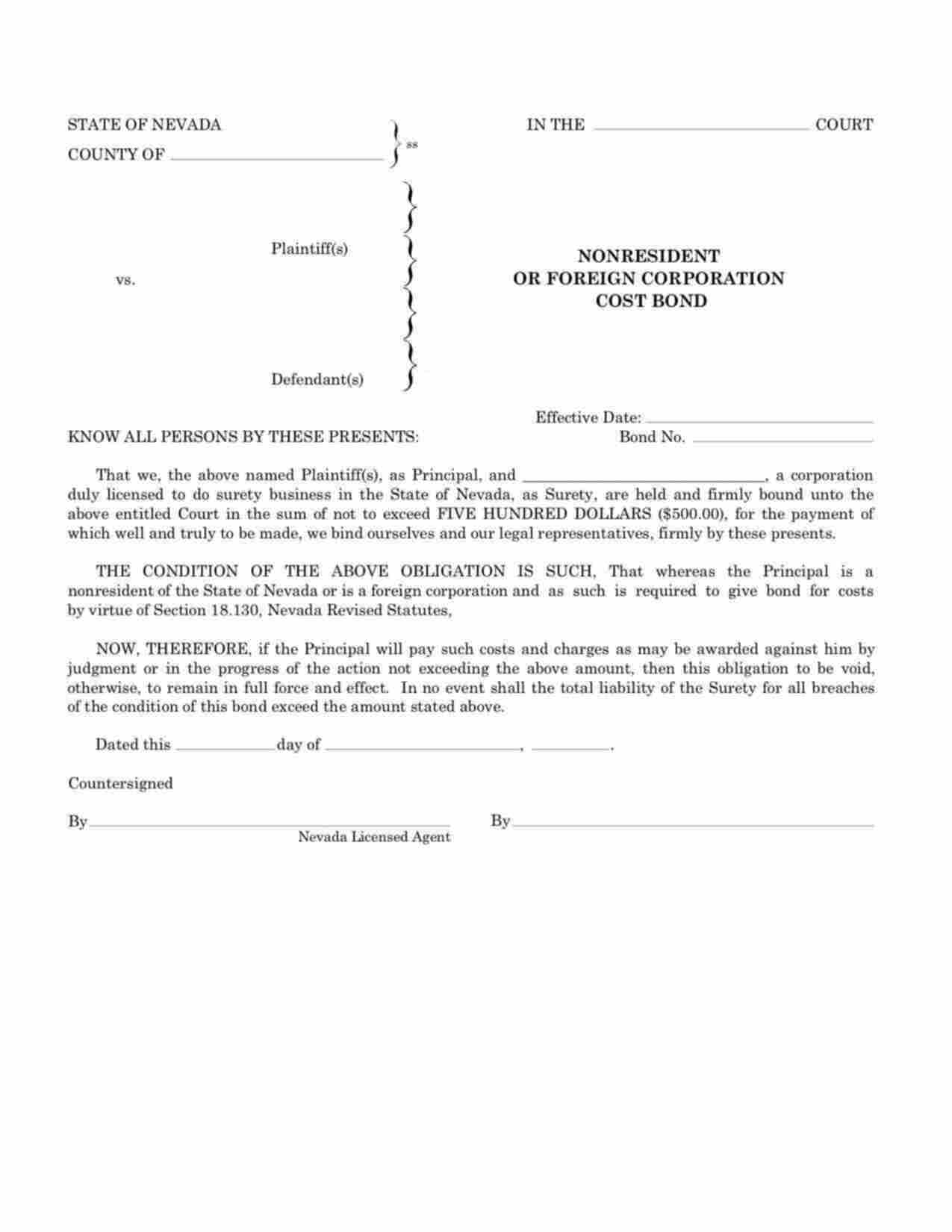 Nevada Nonresident or Foreign Corporation Cost Bond Form
