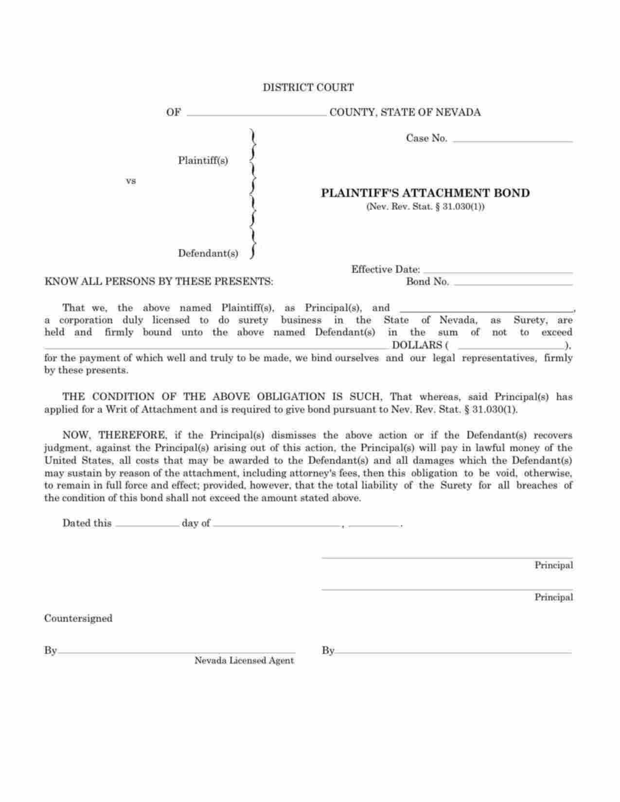Nevada Plaintiffs Attachment Bond Form