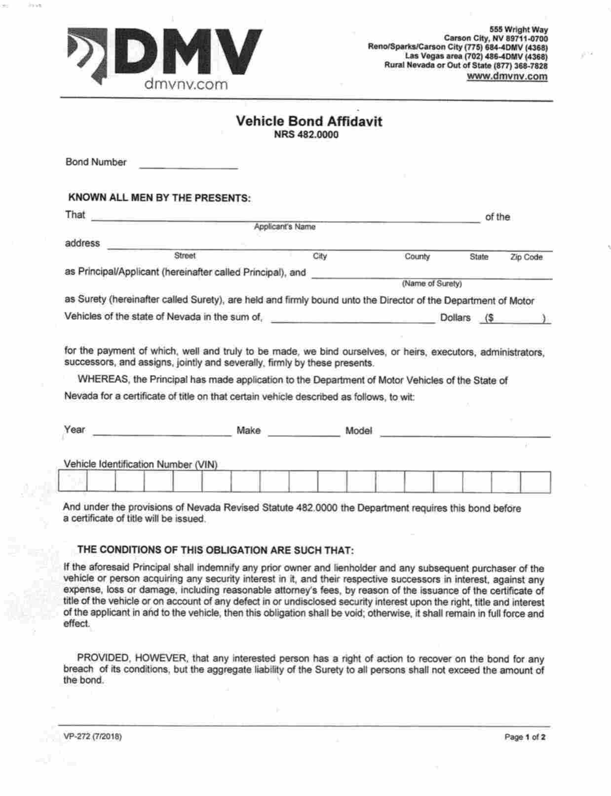 Nevada Motor Vehicle Defective Title Bond Form