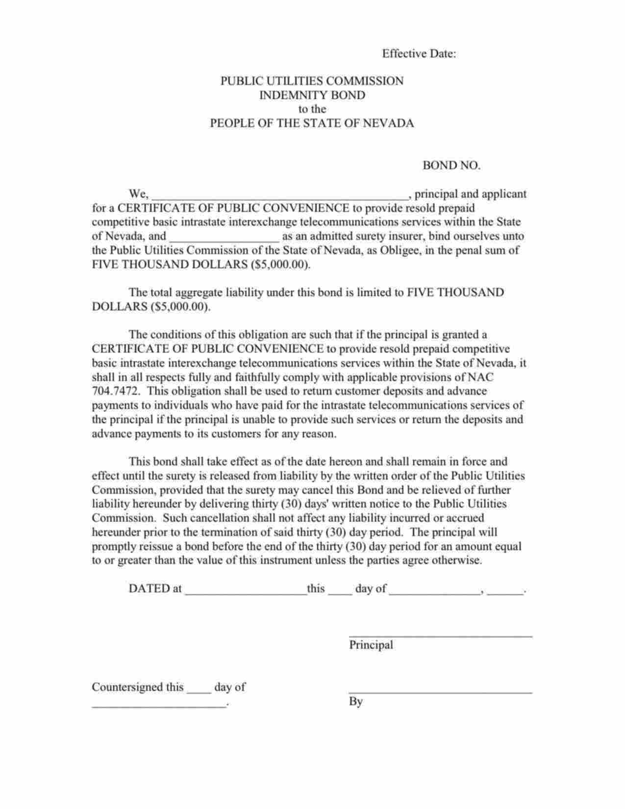 Nevada Telecommunications Service Certificate of Public Convenience Bond Form