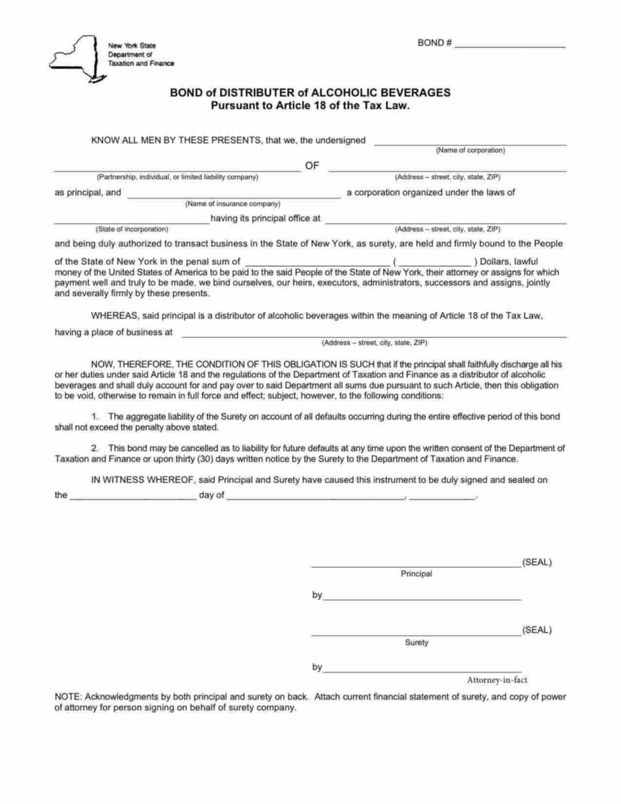 New York Distributor of Alcoholic Beverages Bond Form