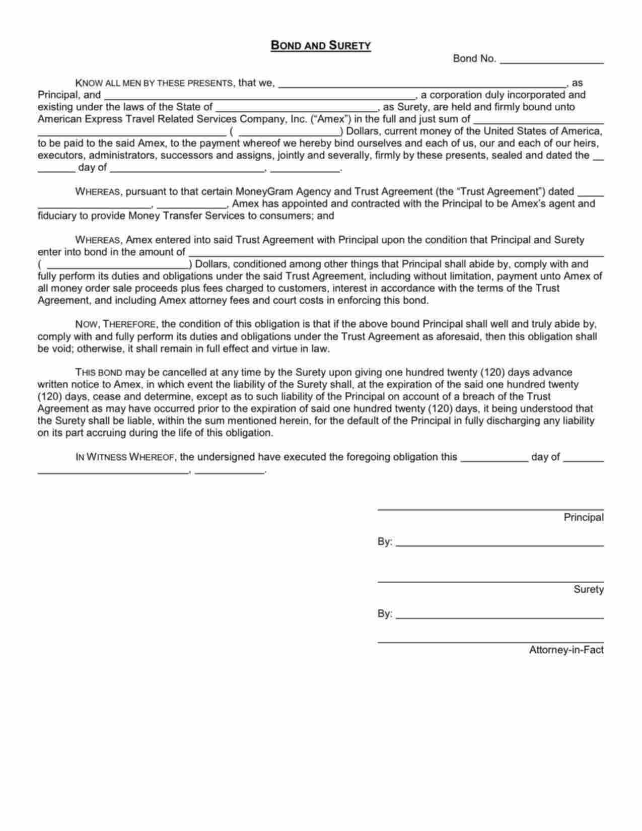 New York MoneyGram Agency and Trust Agreement Bond Form