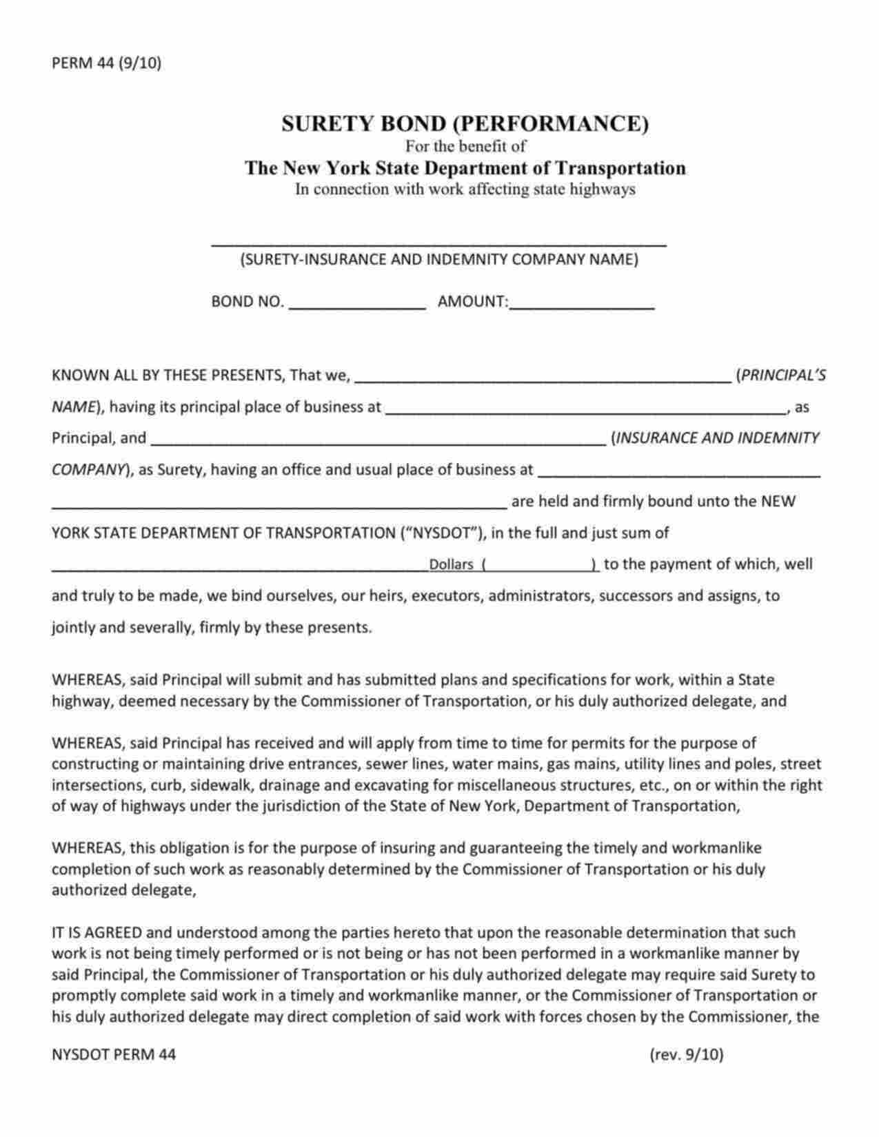 New York Highway Permit/ Encroachment Performance Bond Form