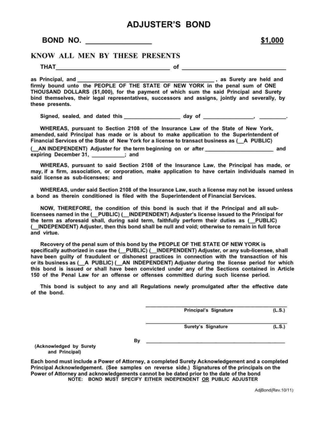 New York Public Adjuster Bond Form