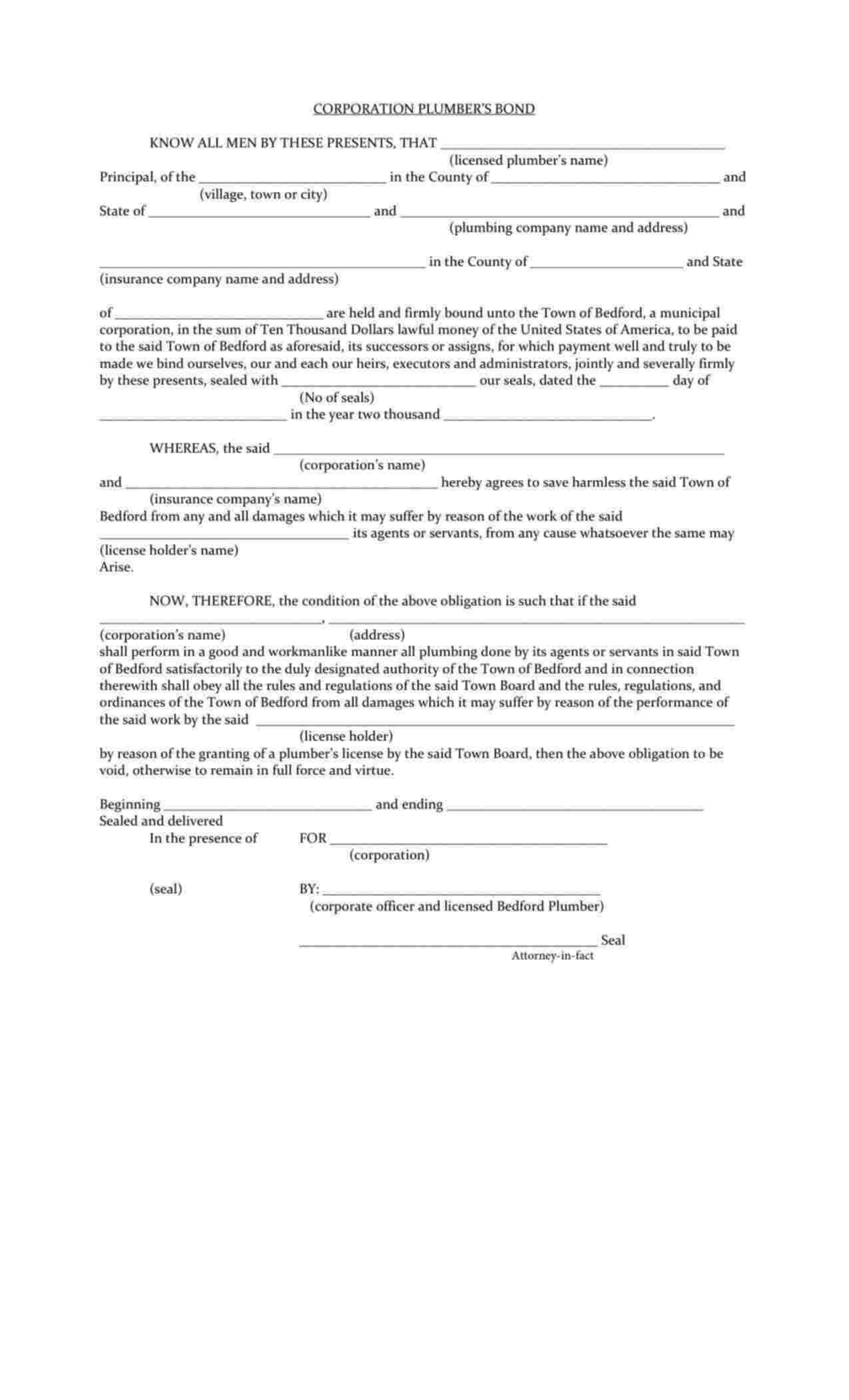 New York Corporation Plumber Bond Form