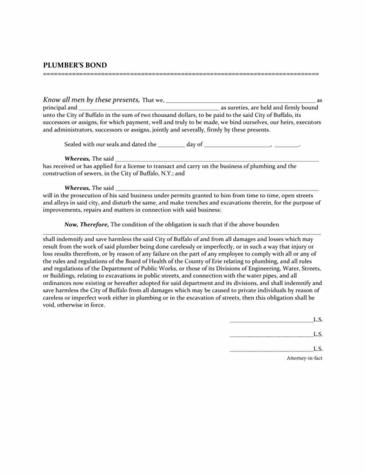 New York Plumber/Sewer Contractor Bond Form