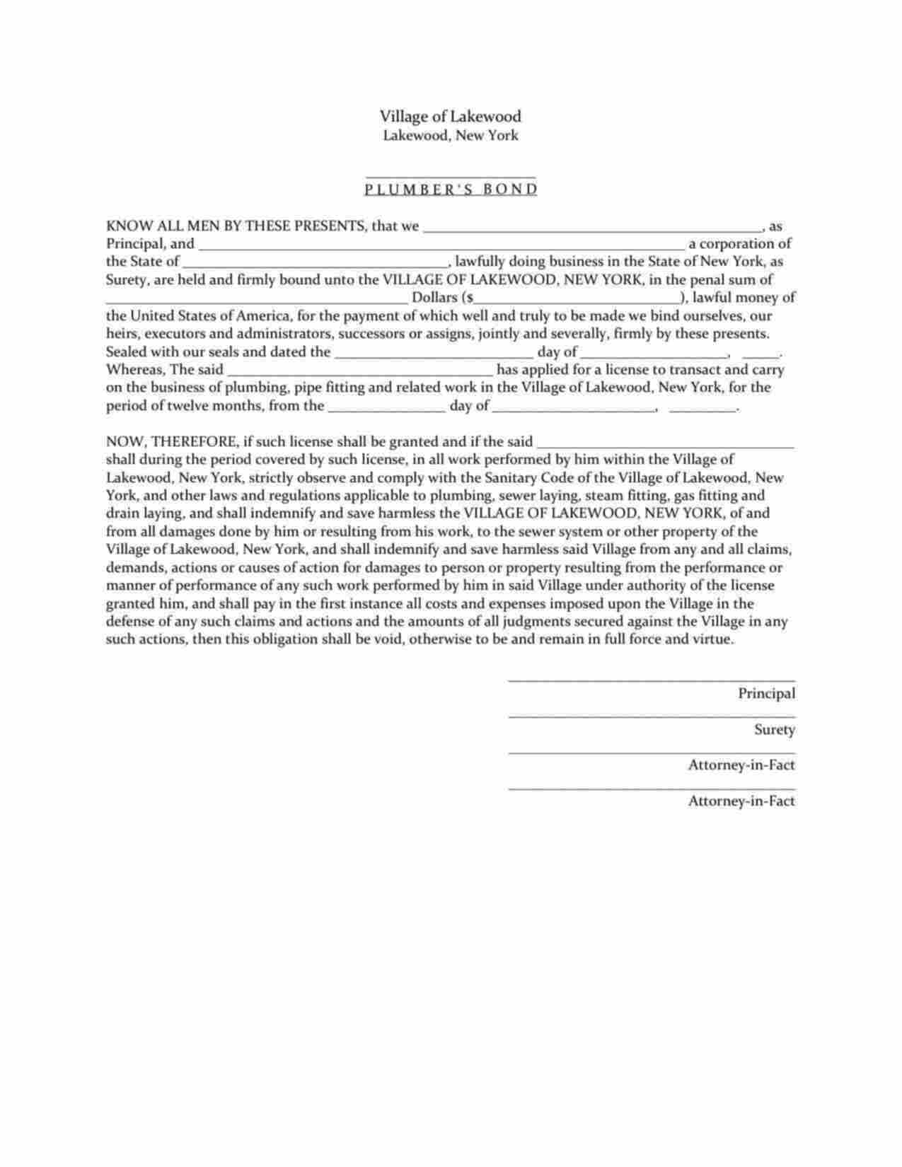 New York Plumbers Bond Form