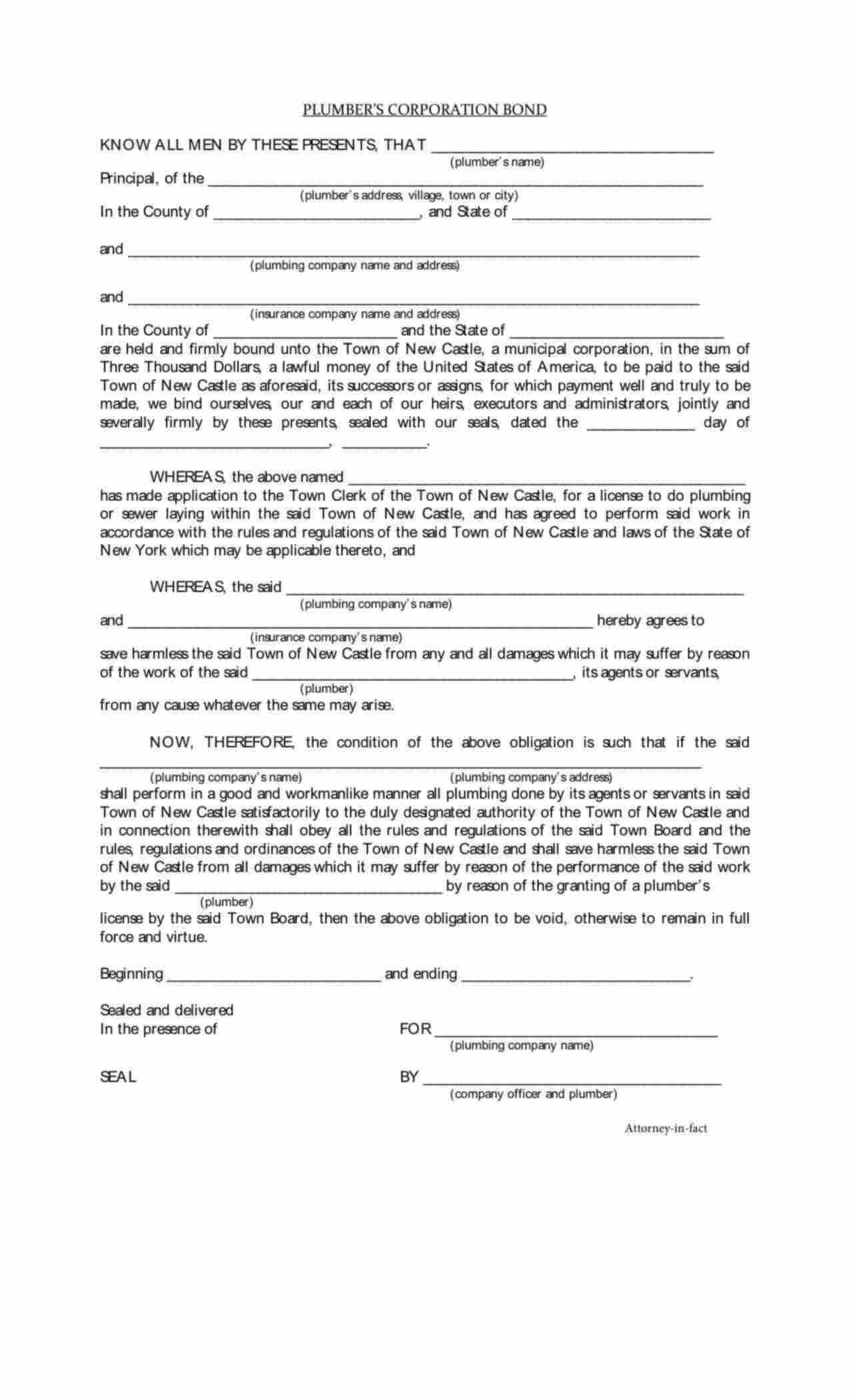 New York Plumber - Corporation Bond Form