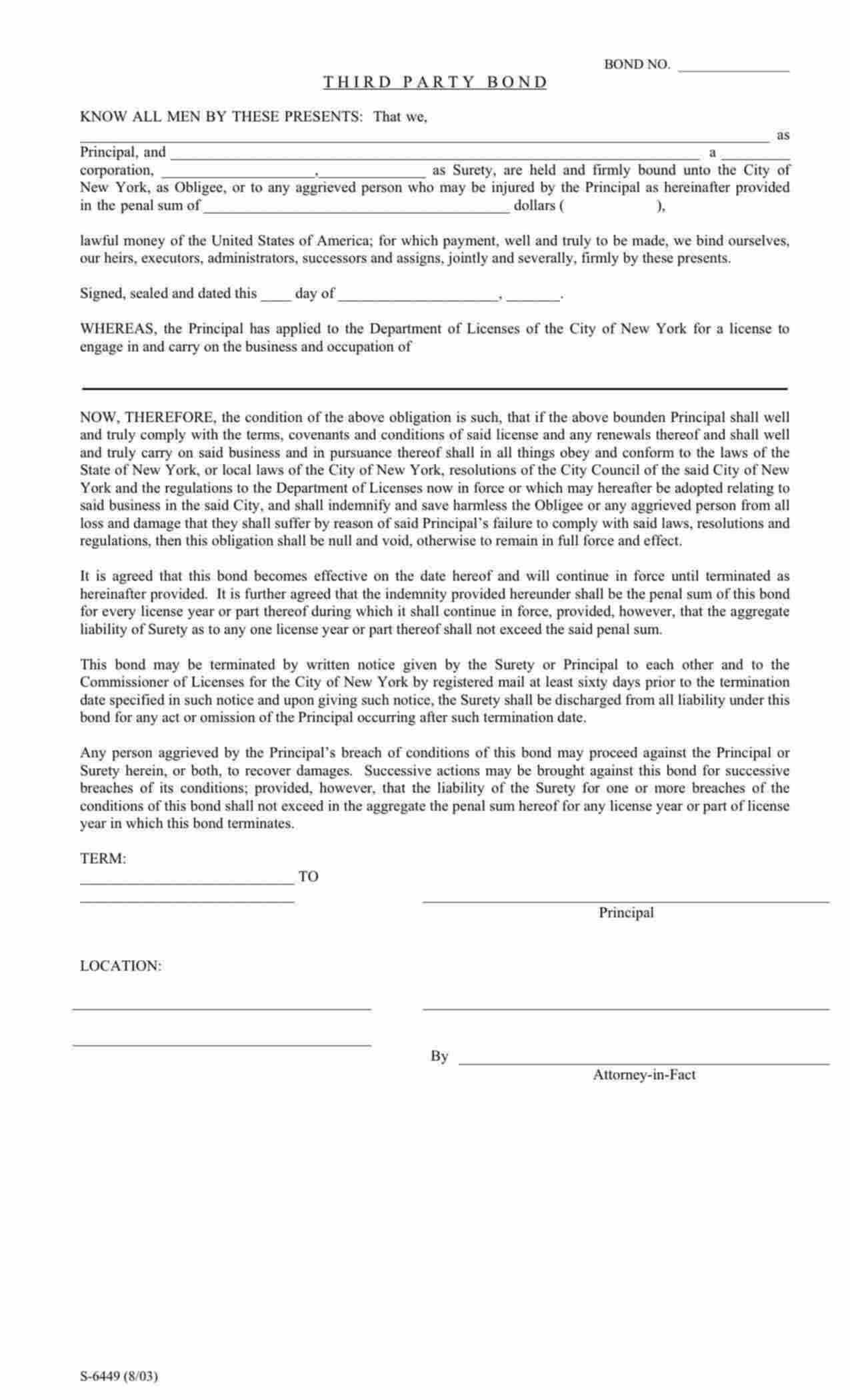 New York Laundromat Bond Form