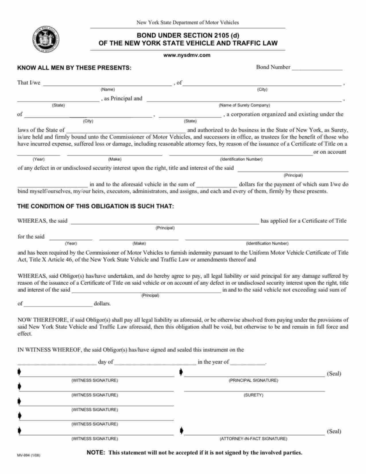 New York Motor Vehicle Certificate of Title Bond Form