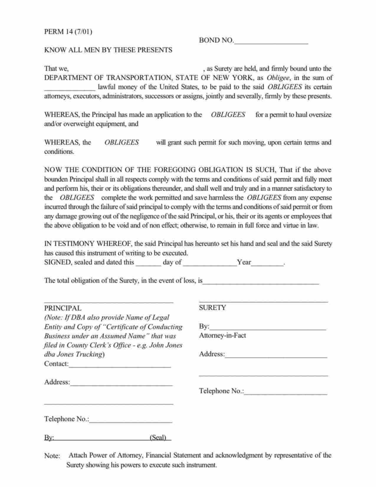 New York Oversize and/or Overweight Hauling Permit Bond Form