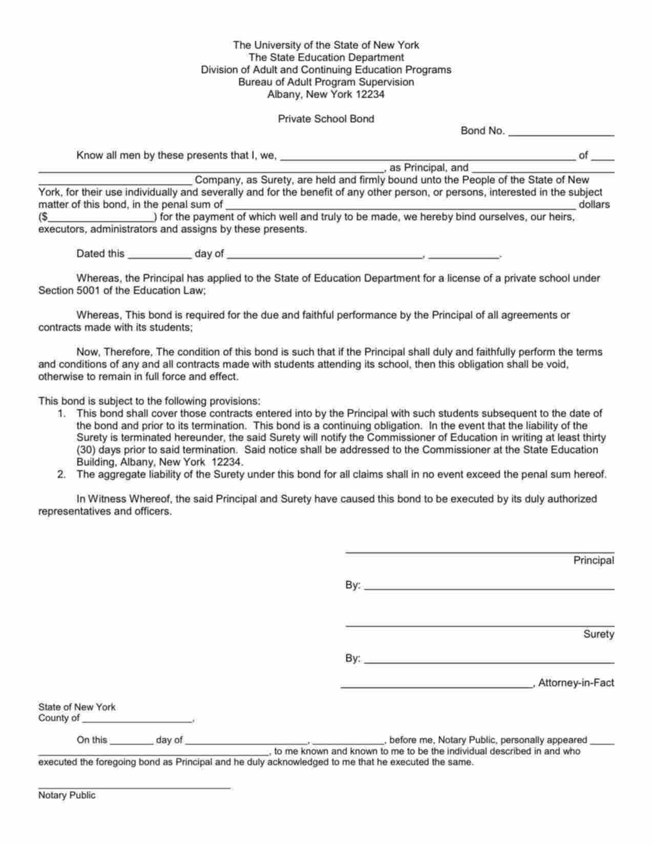 New York Private School Bond Form