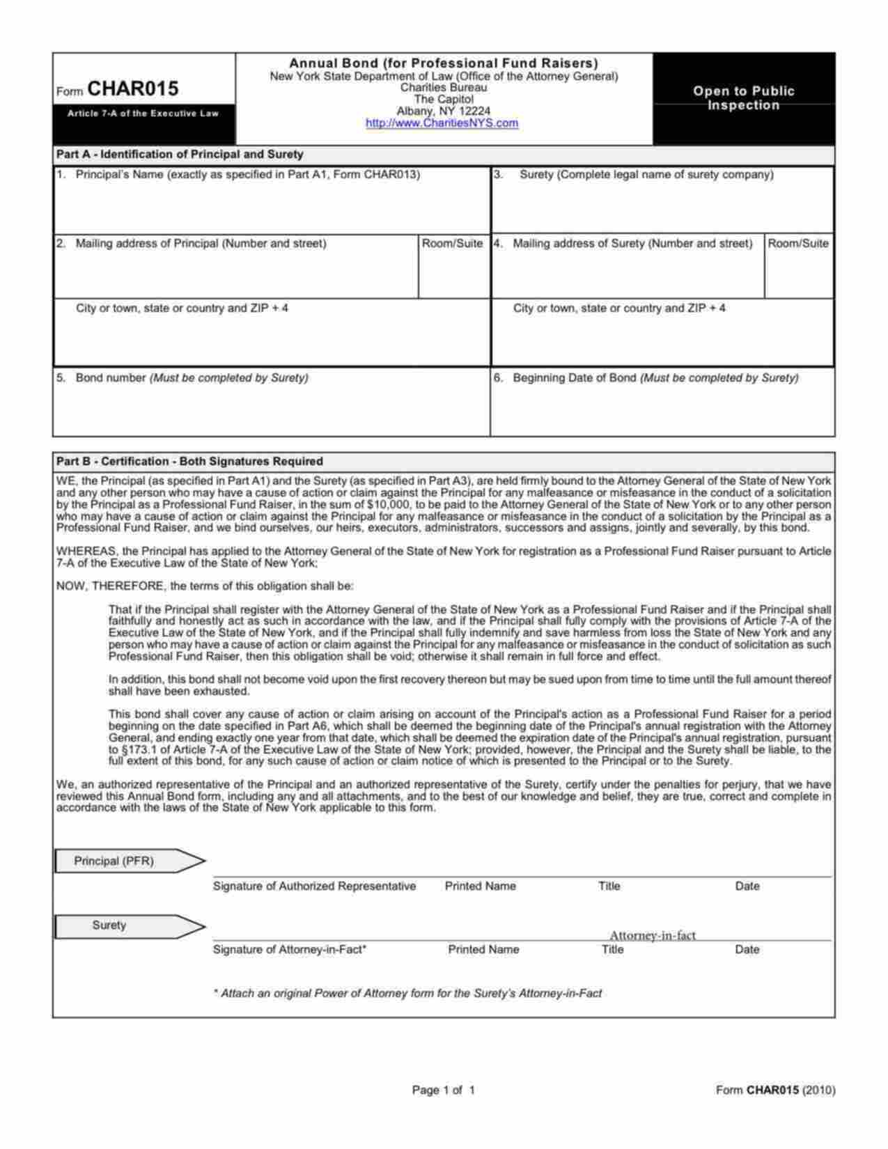 New York Professional Fund Raiser Bond Form