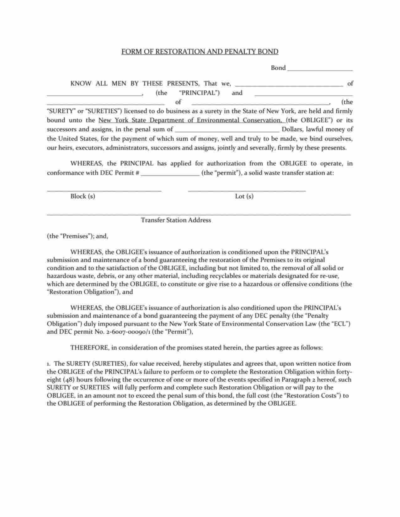 New York Solid Waste Transfer Station Bond Form