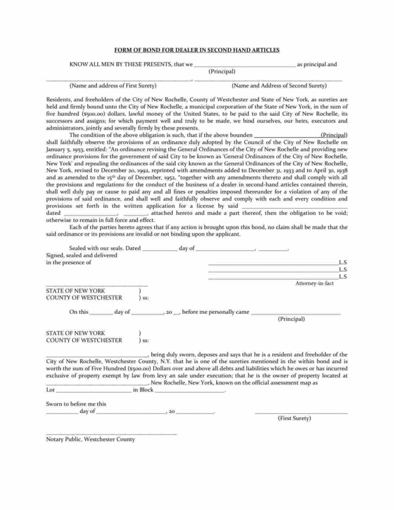 New York Dealer in Second Hand Articles Bond Form