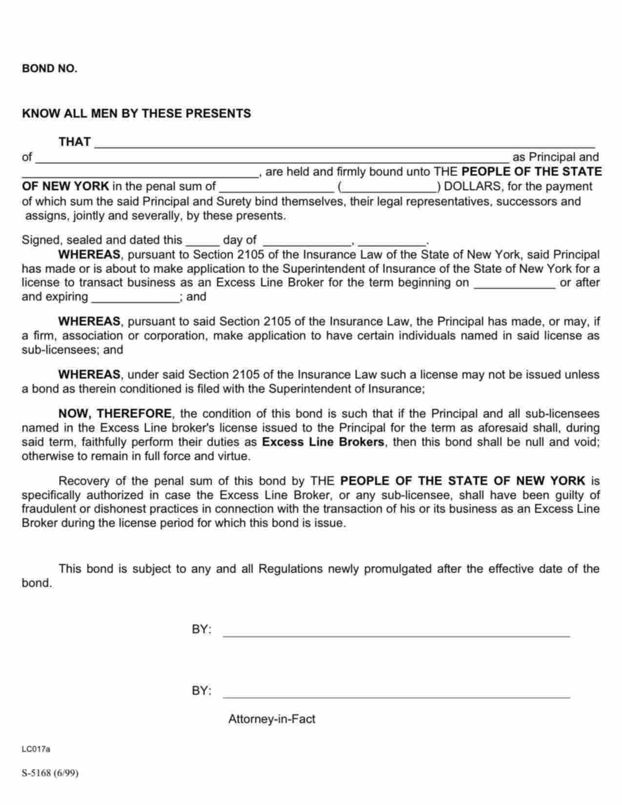 New York Excess Line Broker Bond Form