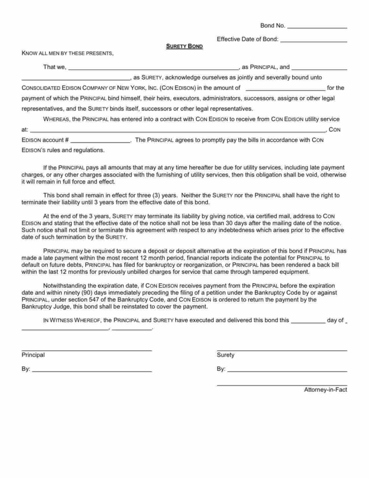 New York Utility Deposit Bond Form