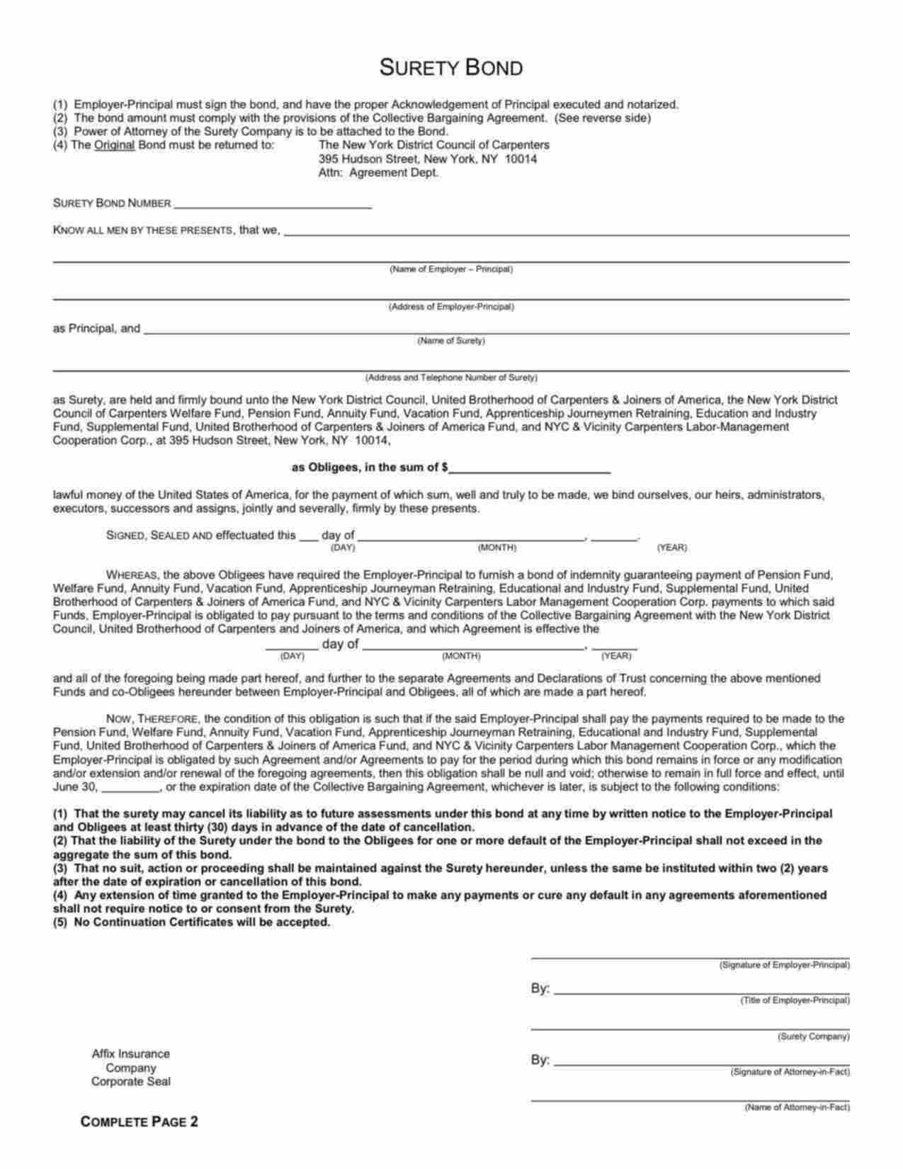 New York Wage and Welfare Bond Form