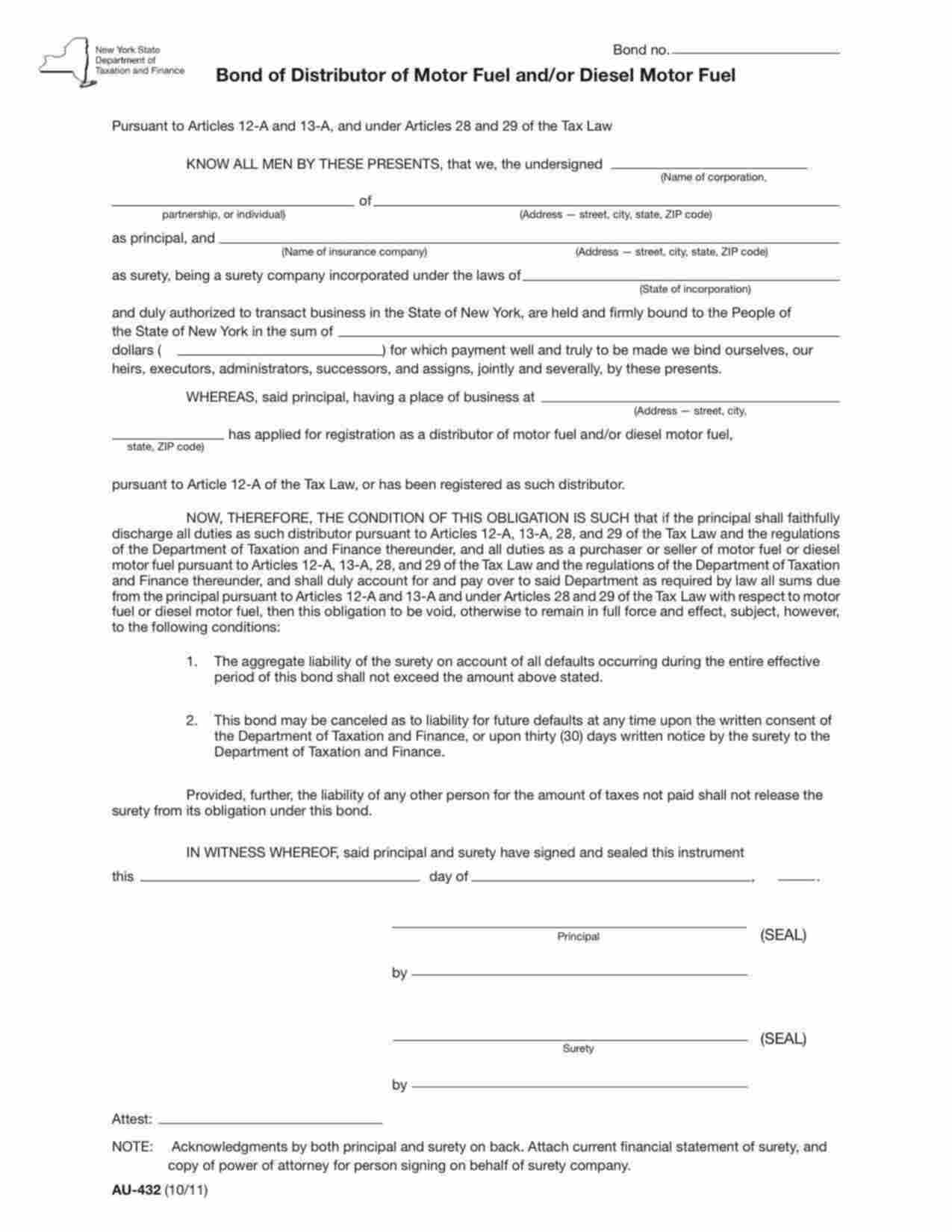 New York Distributor of Motor Fuel and/or Diesel Motor Fuel Bond Form